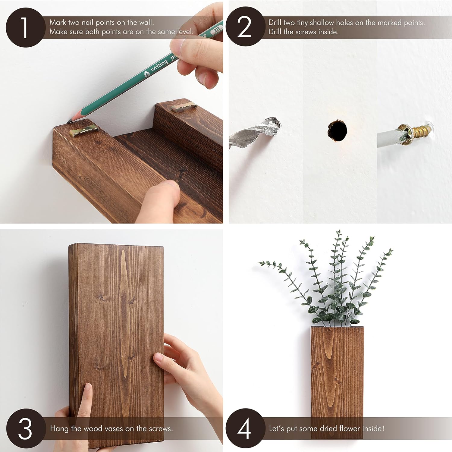 Juego de 2 macetas de madera para pared, bolsillo de pared de madera para vegetación y flores secas, florero colgante de madera para interiores,