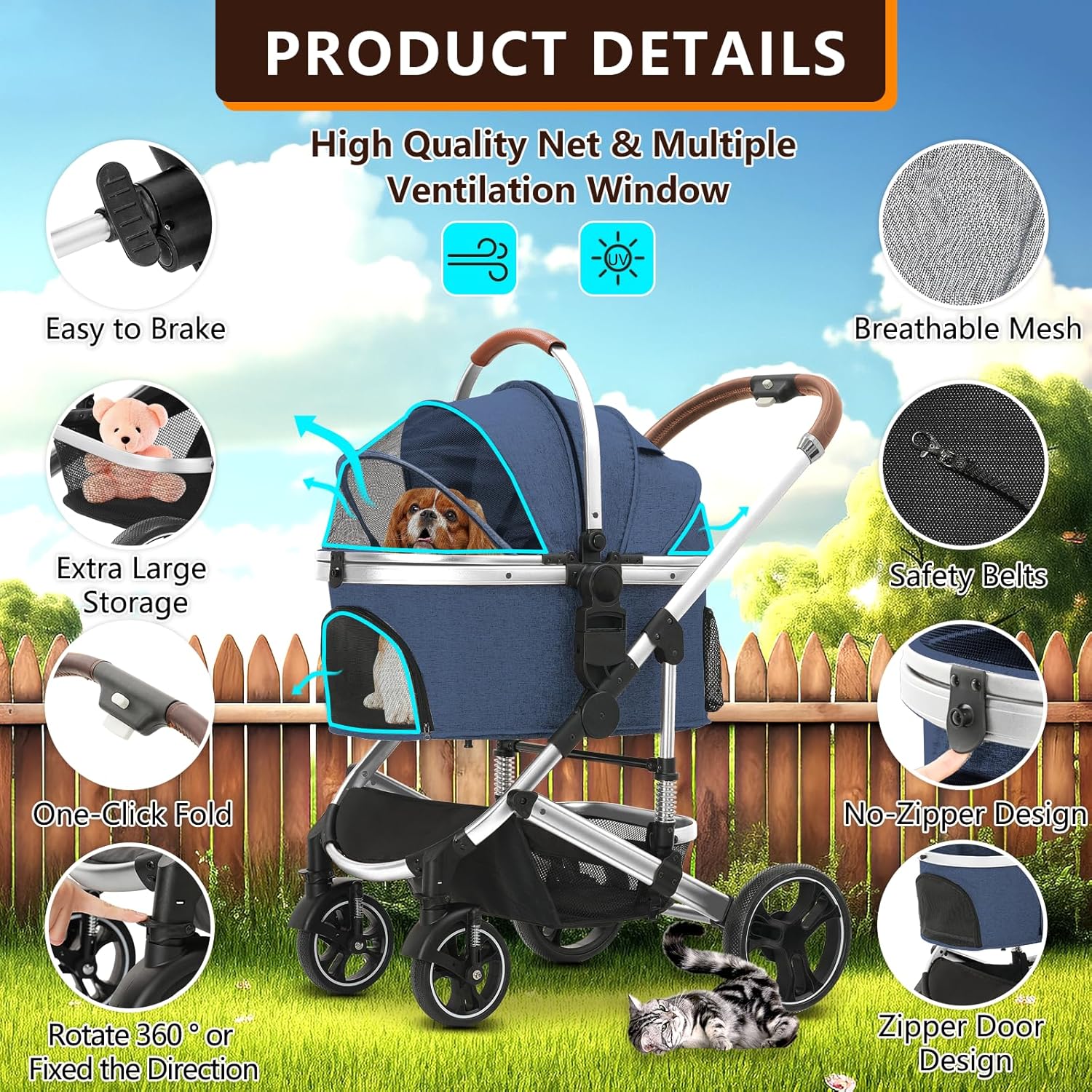 Ingborsa Cochecito para mascotas 3 en 1, plegable, ligero, con transportador desmontable y cesta de almacenamiento, cochecito de viaje de 4 ruedas