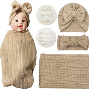 Conjunto de manta para recién nacido con sombrero y diadema a juego, tarjeta de anuncio de nacimiento de madera, mantas de muselina para bebés para Conjunto de manta para recién nacido con sombrero y diadema a juego, tarjeta de anuncio de nacimiento de madera, mantas de muselina para bebés para