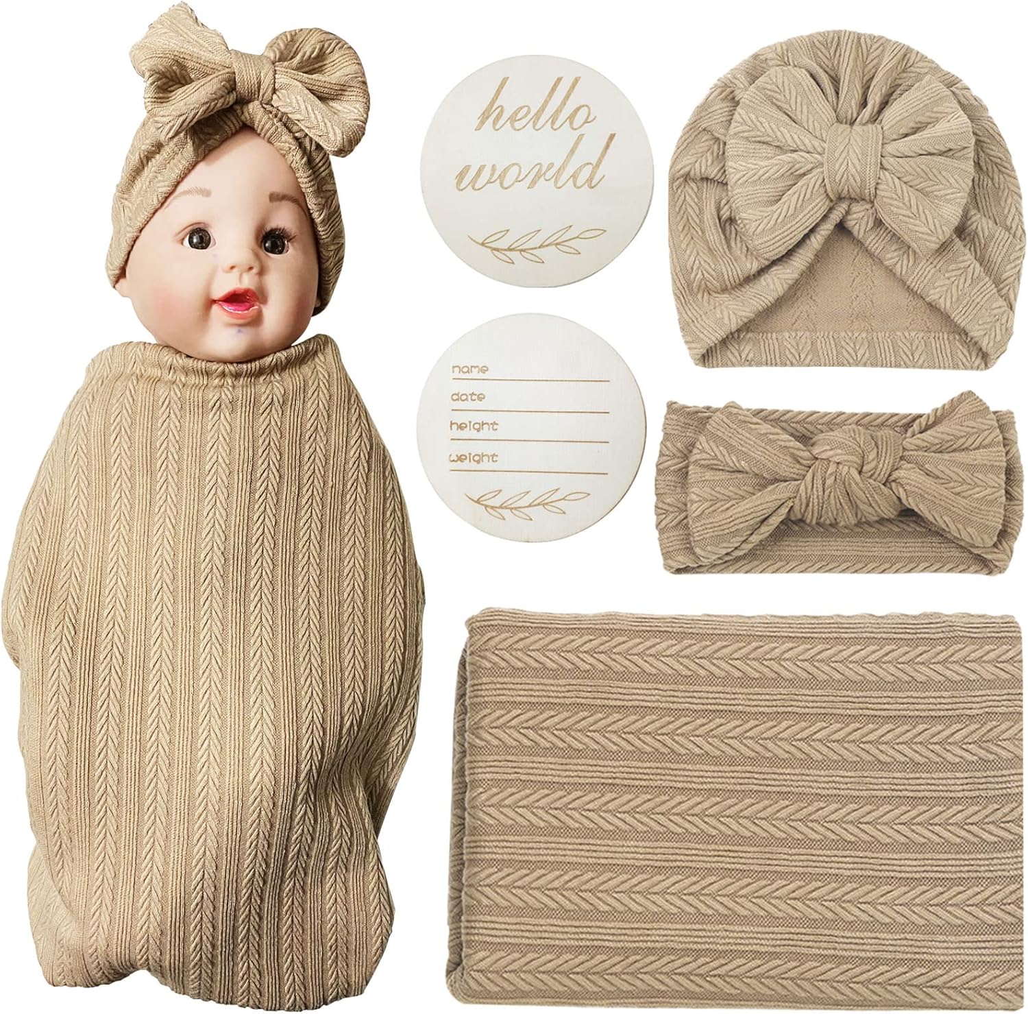 Conjunto de manta para recién nacido con sombrero y diadema a juego, tarjeta de anuncio de nacimiento de madera, mantas de muselina para bebés para