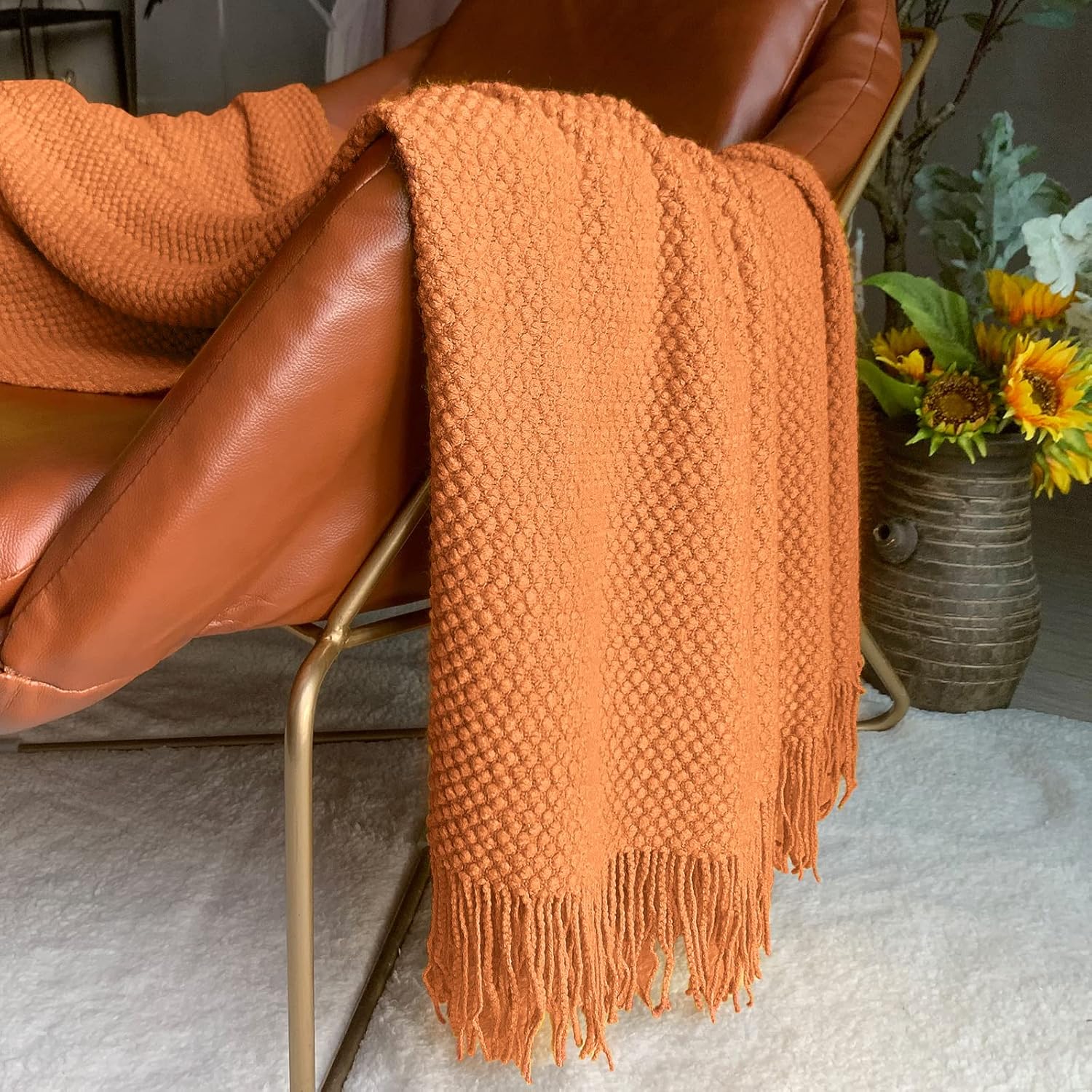 LOMAO Manta de punto con borlas con textura de burbujas, manta ligera para funda de sofá, decoración del hogar (naranja, 50 x 60 pulgadas)