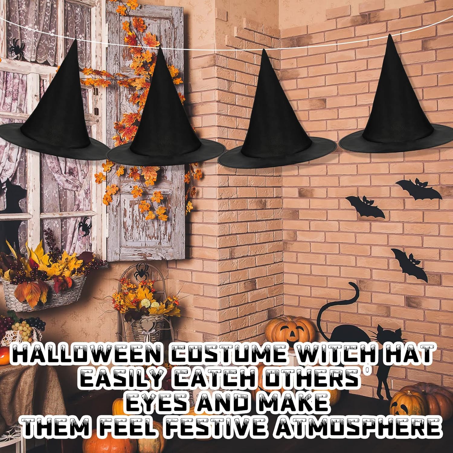 Zubebe 30 sombreros de bruja para decoración de Halloween, sombrero de bruja colgante con 3 piezas de cuerda colgante de 109 yardas para niños y