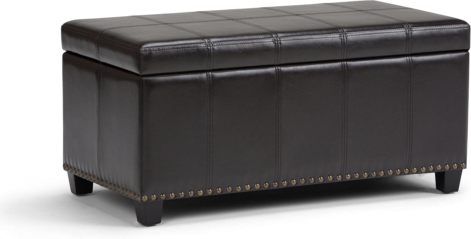 SIMPLIHOME Amelia – Banco otomano rectangular de transición de 33 pulgadas de ancho en curtidores, piel sintética vegana marrón, para sala de estar,