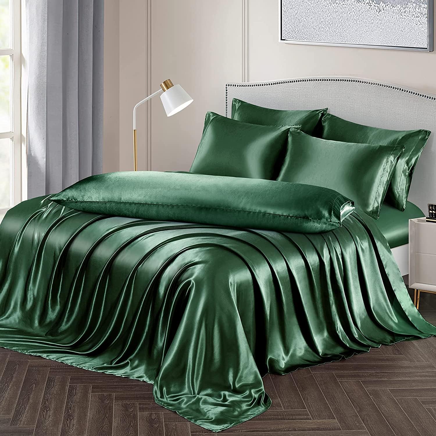 RMS BEDDING Juego de sábanas de satén de seda de 7 piezas, tamaño Queen, color verde esmeralda con 1 sábana bajera de bolsillo profundo de hasta 15
