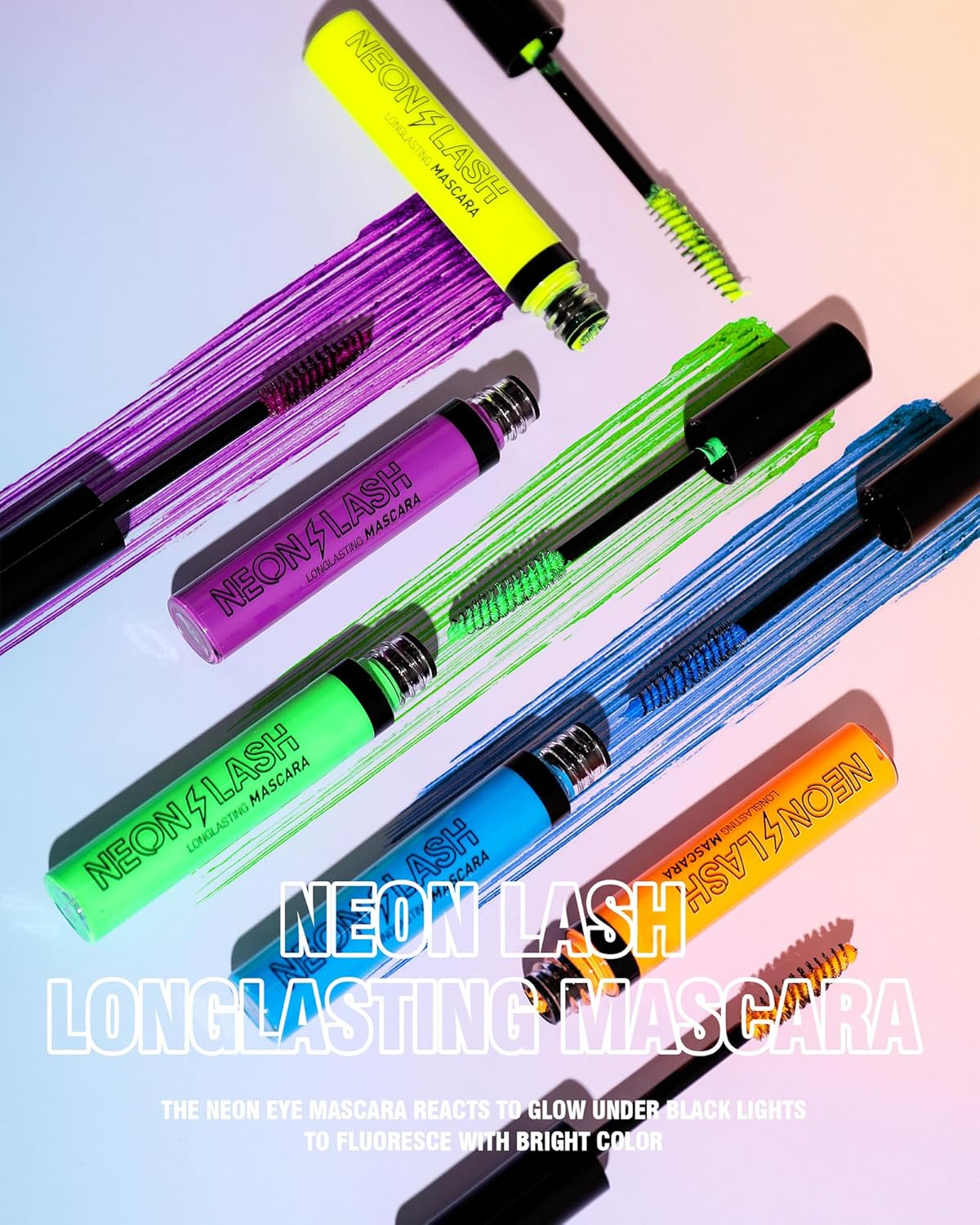 Máscara de pestañas de neón para pestañas, 6 unidades, brillo UV, color luz negra, volumen y longitud, impermeable, a prueba de manchas, larga