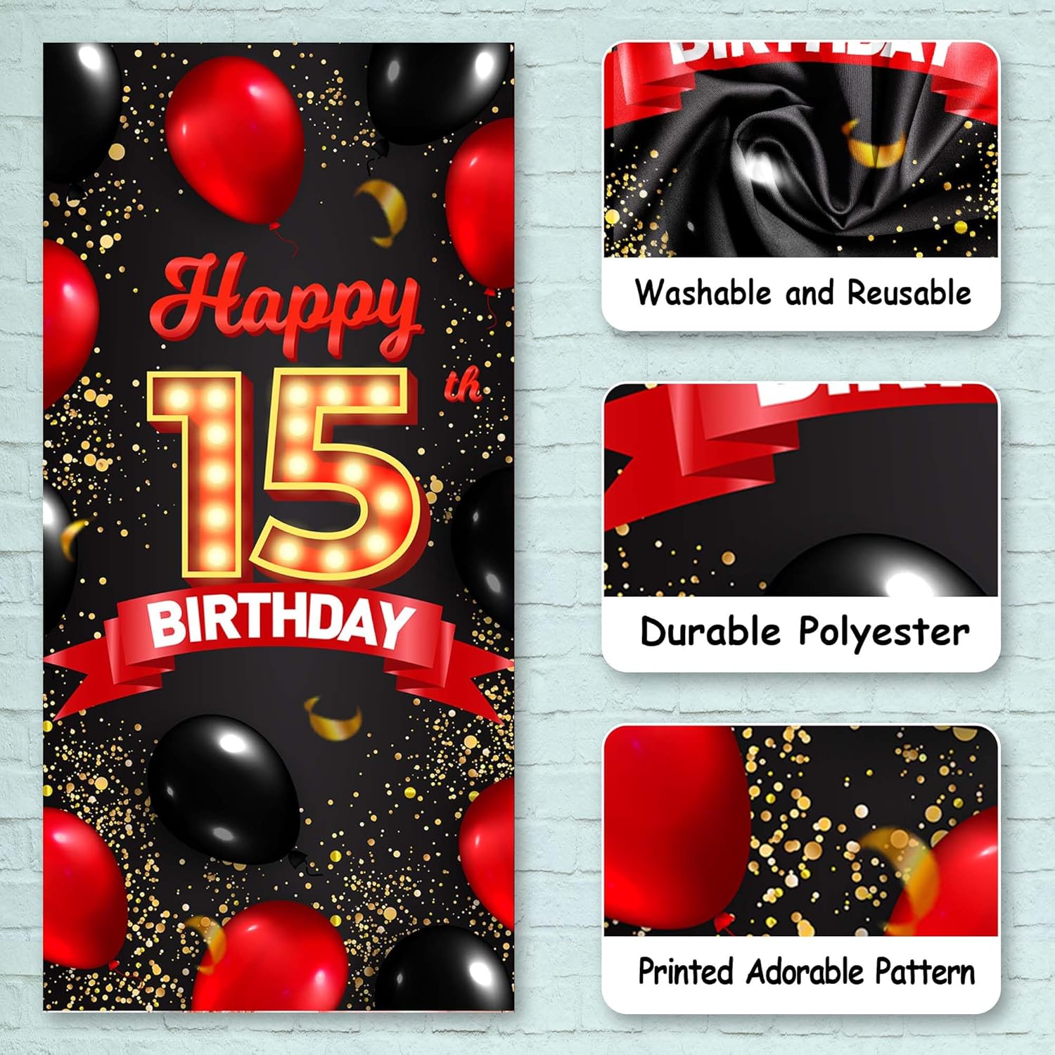 Cartel de feliz cumpleaños número 15 rojo y negro, globos de fondo para decoración temática para niñas y mujeres, princesas de 15 años, suministros