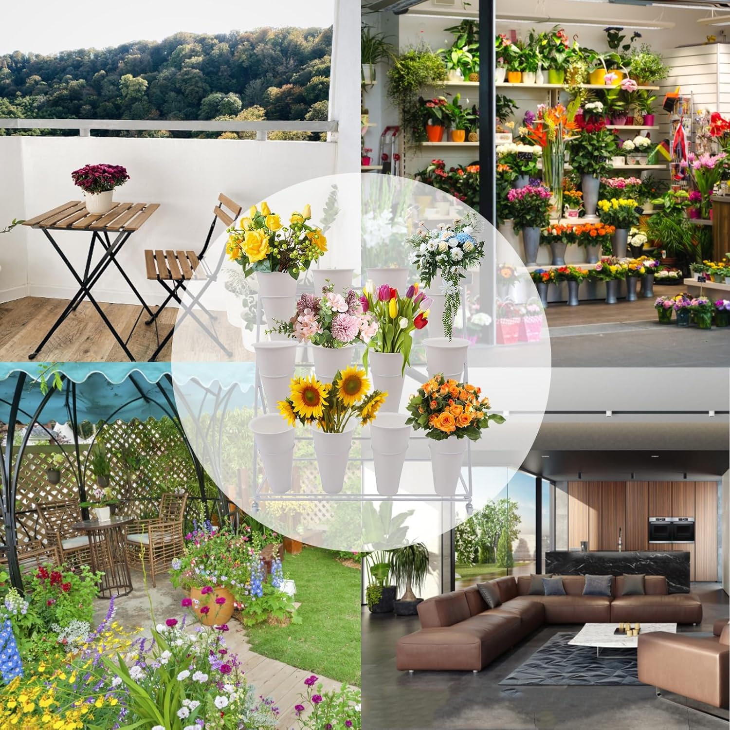 Soporte de exhibición de flores con ruedas, soporte para plantas de hierro para interiores y exteriores, 3 capas de 12 barriles, soporte de