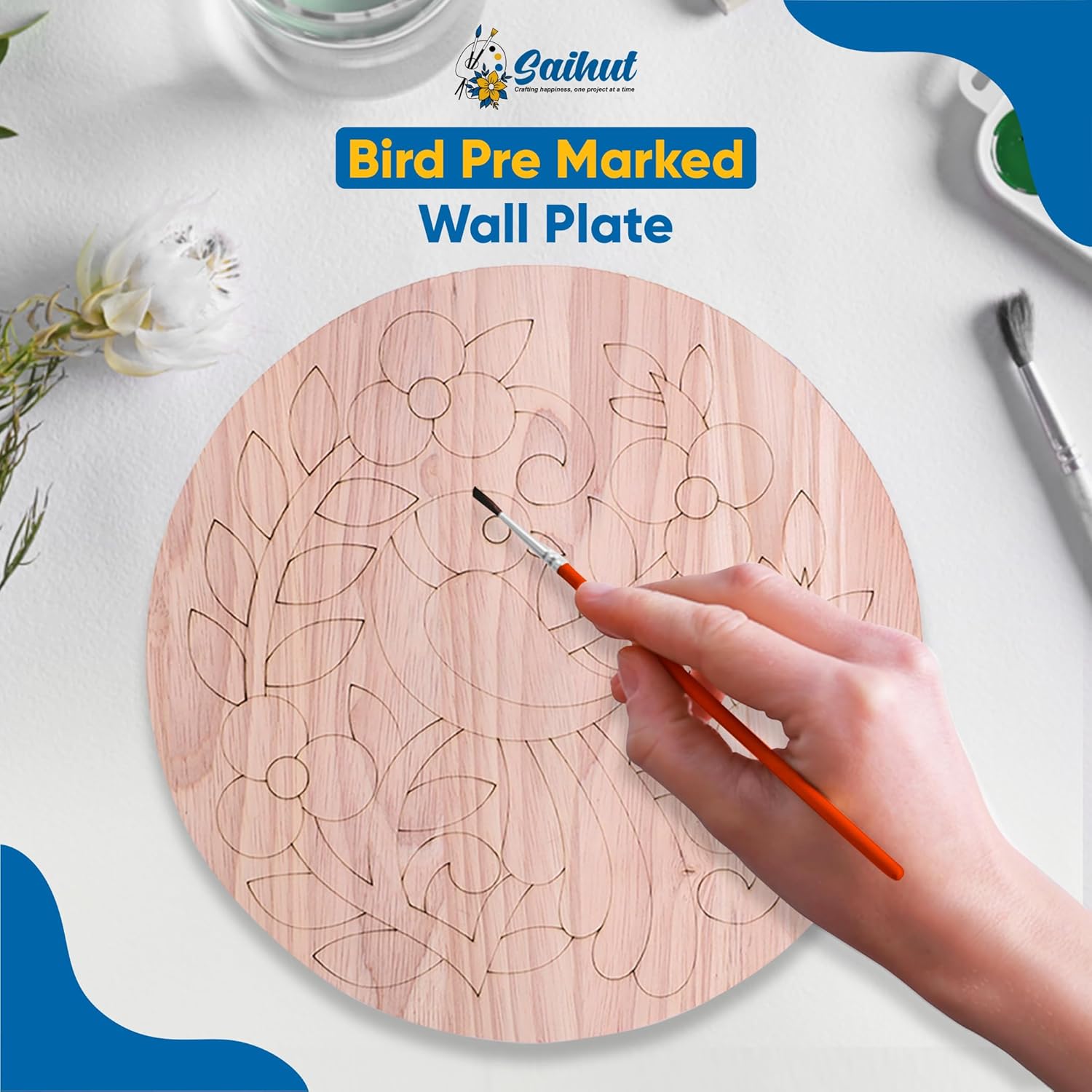 Saihut Kit de pintura acrílica con vibrante juego de pintura de madera, incluye 1 contorno de madera premarcado, 10 pinturas de tiza, bandeja de