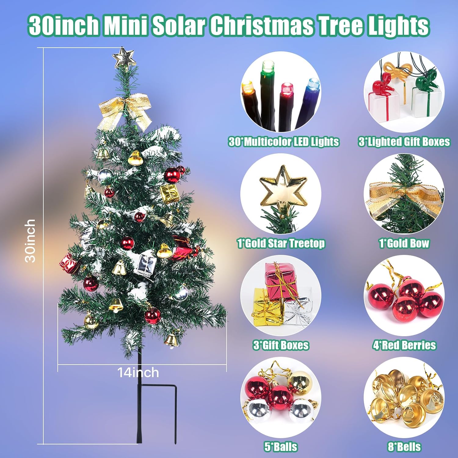 Kordain Mini luz solar para árbol de Navidad, decoración al aire libre, luces solares de árbol de 30 pulgadas con 30 LED, 8 modos intermitentes,
