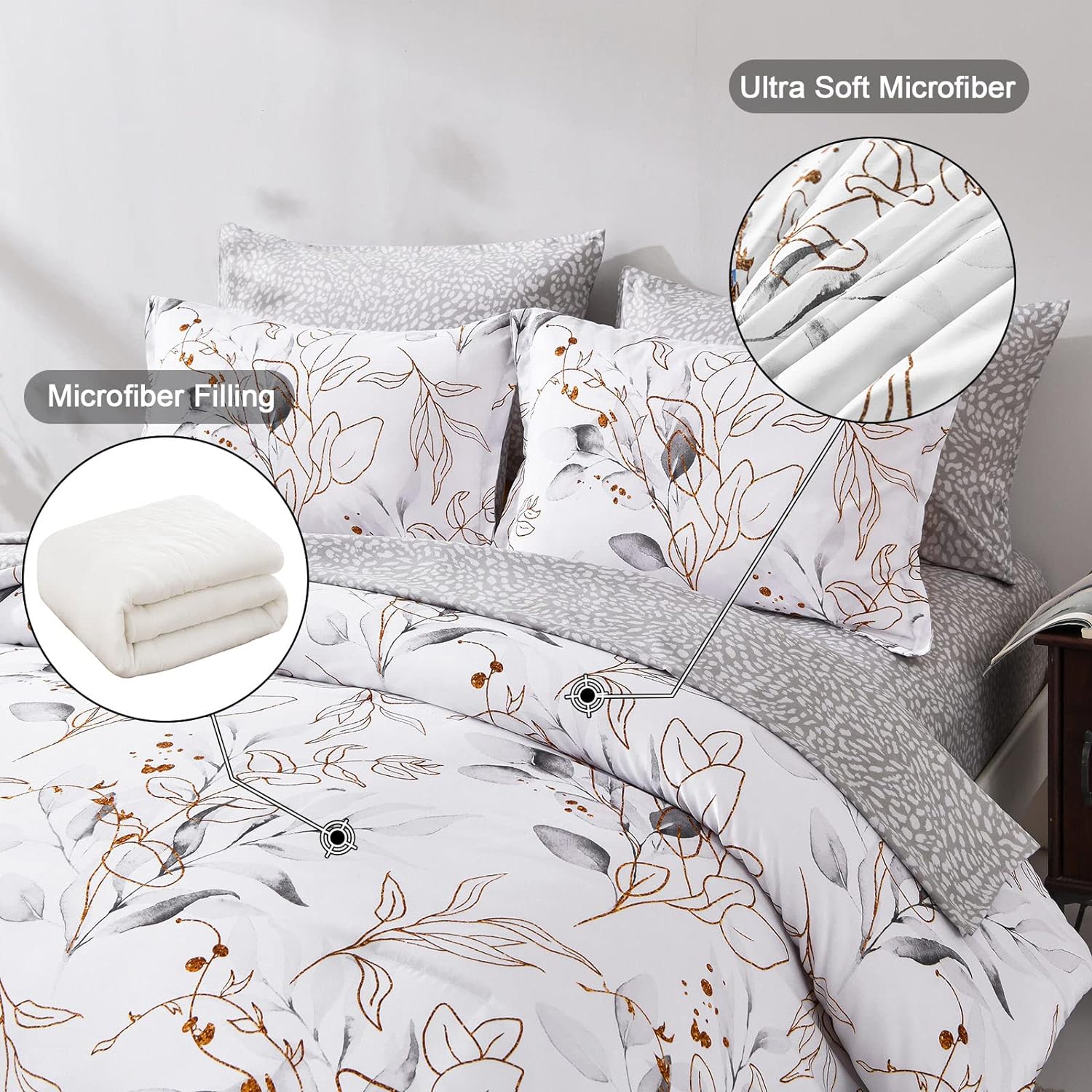 WONGS BEDDING Juego de edredón botánico de 7 piezas, tamaño matrimonial, diseño floral reversible en una bolsa, color gris y dorado con hojas (1