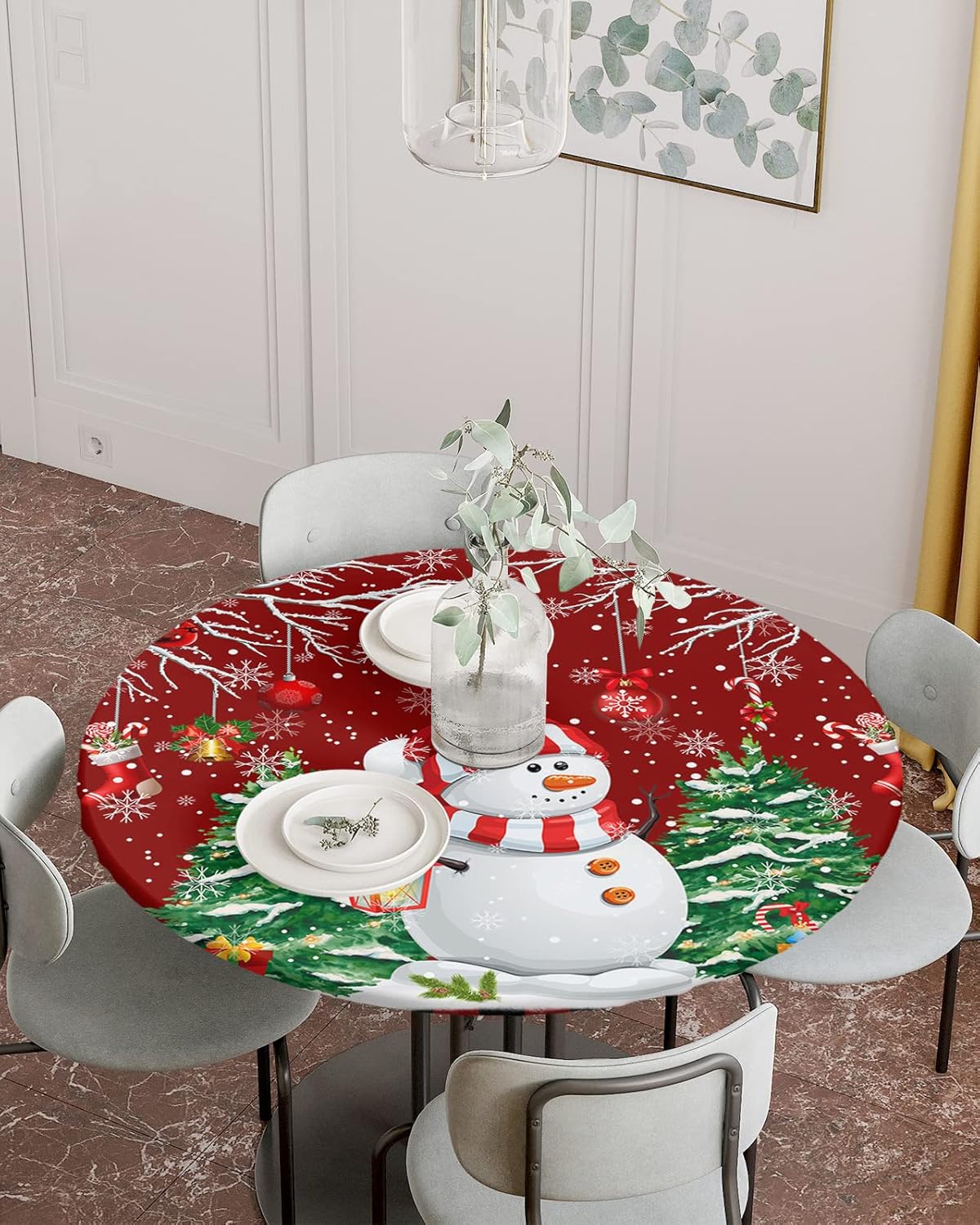 Mantel redondo ajustable con diseño de muñeco de nieve de dibujos animados para mesas de comedor, mantel con bordes elásticos, árboles de Navidad de