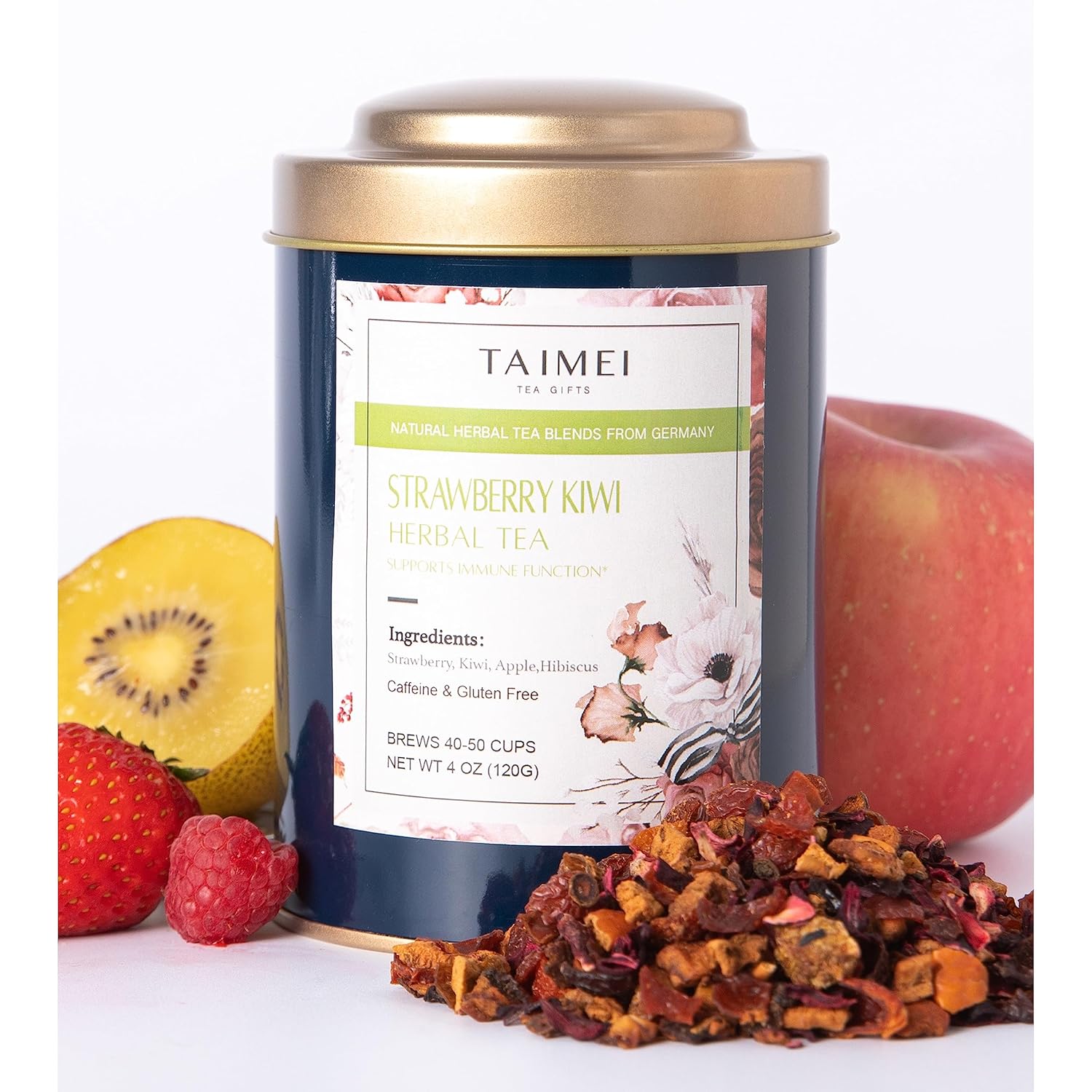 Taimei Teatime Té de hierbas de hojas sueltas de fresa y kiwi, mezclas de té de frutas sin cafeína de Alemania con ingredientes totalmente