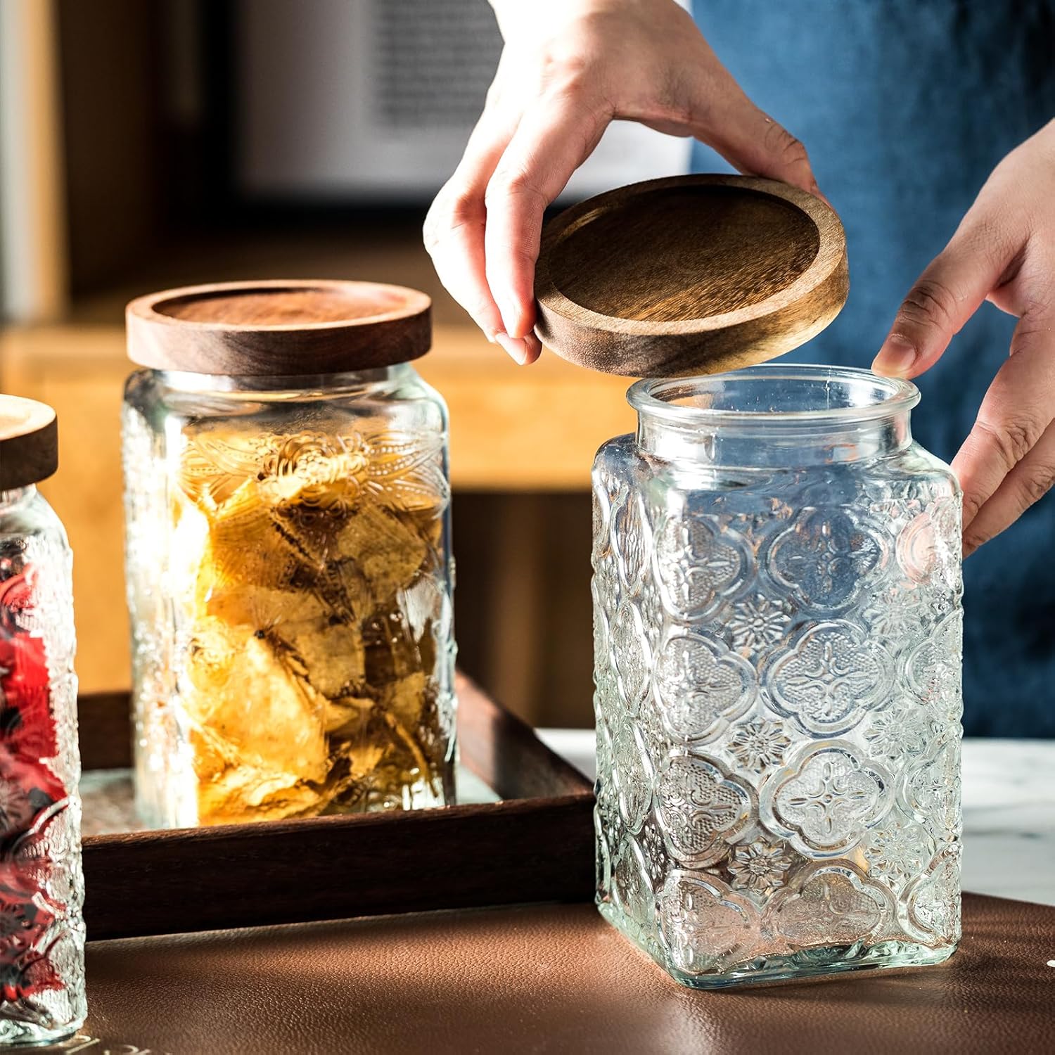Tarro de almacenamiento sellado de vidrio vintage con tapa de madera sellada, recipiente de almacenamiento de alimentos de vidrio para cocina,