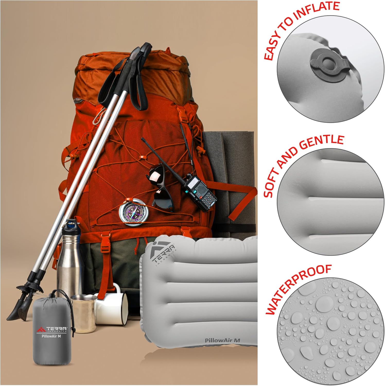 Terra Incognita Almohada inflable compacta en una funda – Almohada ultraligera para acampar y viajar – Cómoda almohada inflable para relajarse –