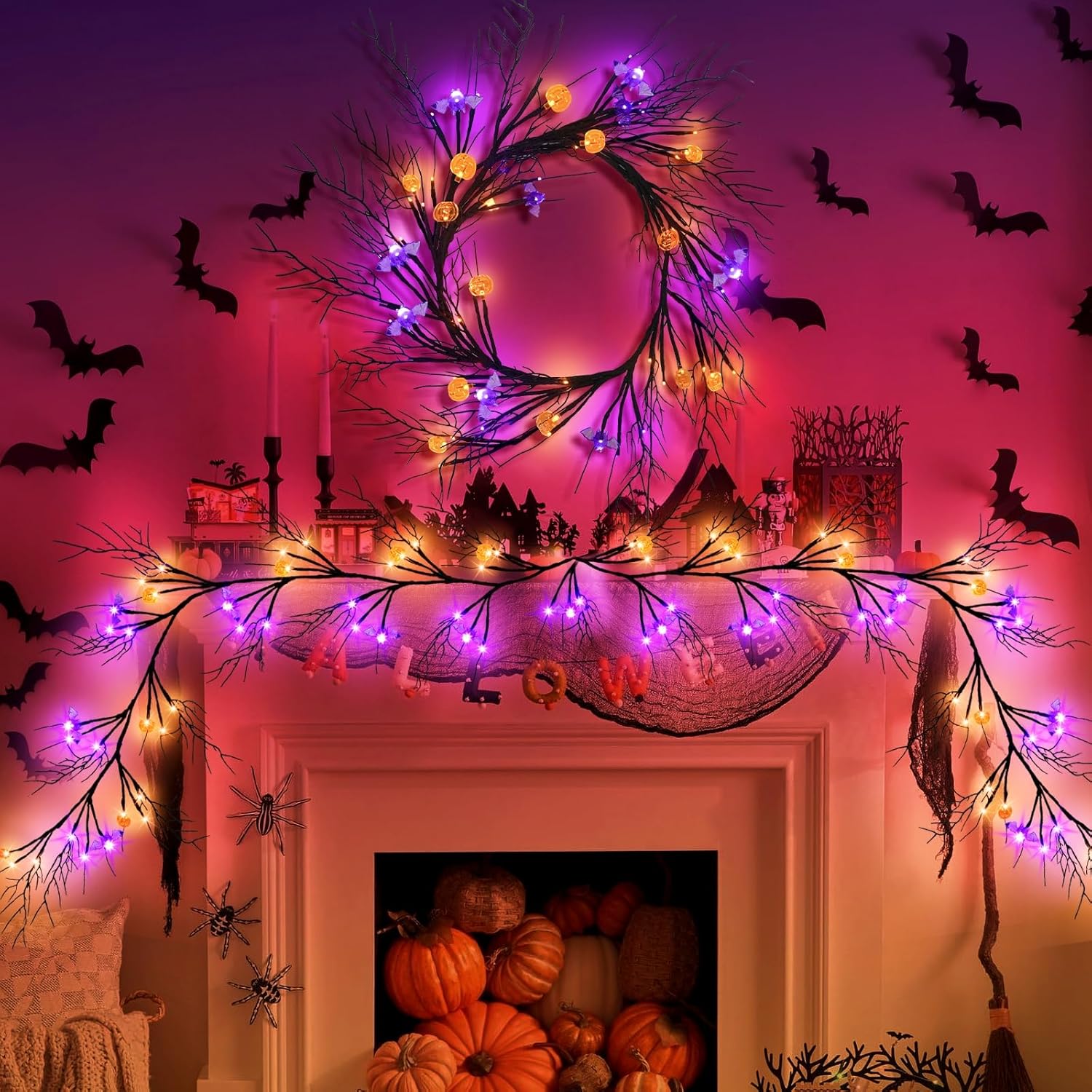 Guirnalda de decoración de ramitas de sauce de Halloween de 6 pies con 57 luces LED con temporizador, 9 calabazas y 7 murciélagos, impermeable,