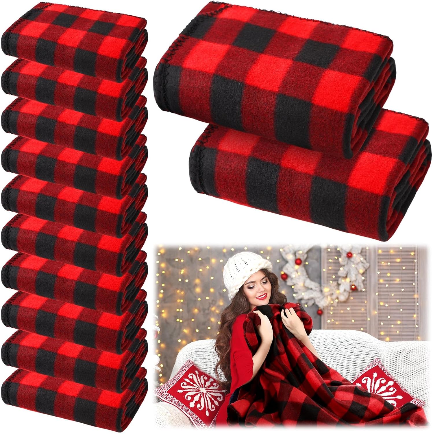 Soaoo 12 mantas navideñas a cuadros de 50 x 60 pulgadas, cálida y cómoda, suave, mullida, acogedora, a cuadros rojos y negros, para sofá, cama,