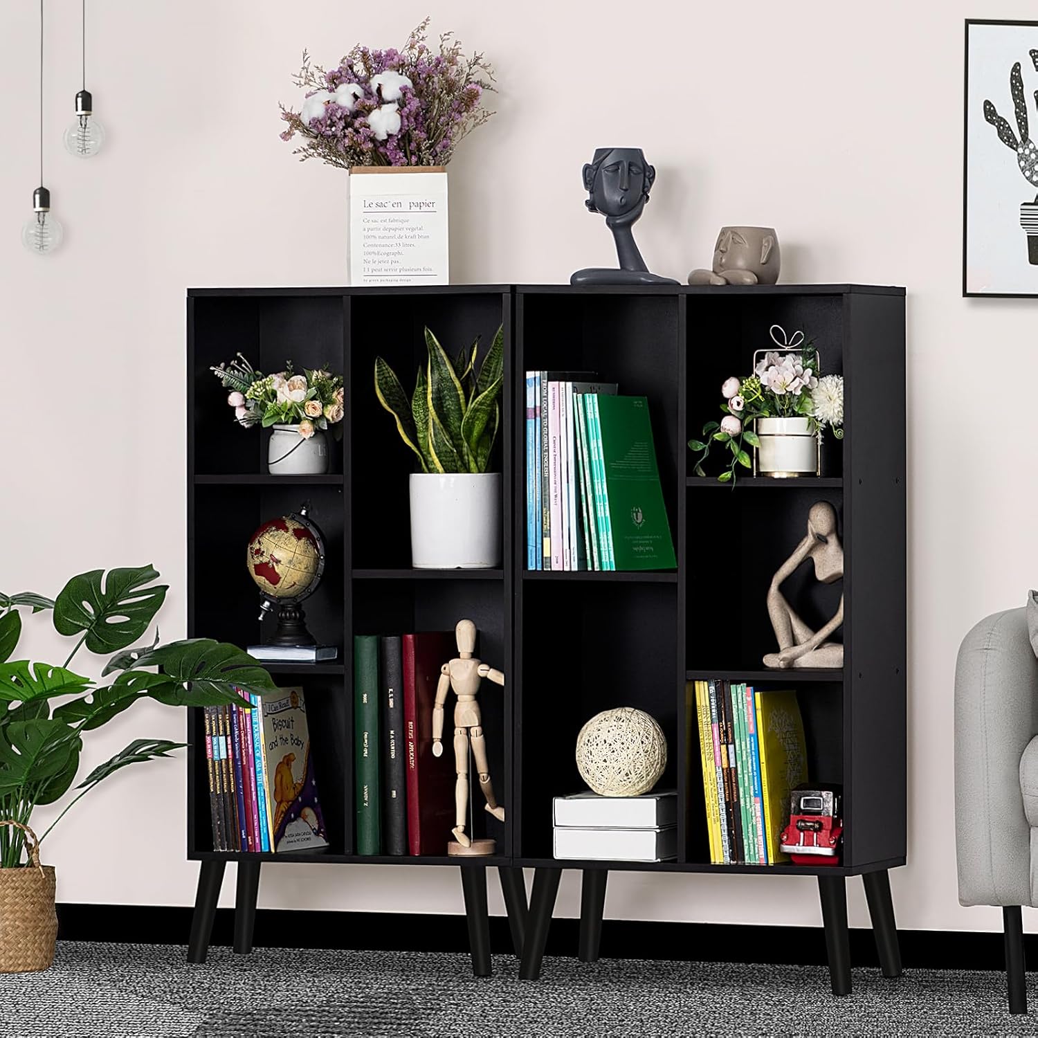 YAHARBO Small Black Narrow Bookshelf,3 Tier Modern Bookcase with Legs,Bookshelves Wood Storage Shelf,Rustic Book Shelves Cube Organizer,Display