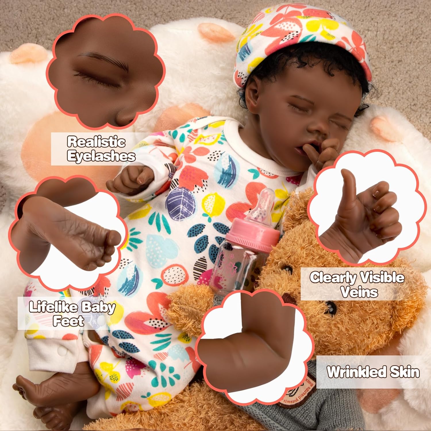 UNIH Muñecas de bebé Reborn de 18 pulgadas, realista, recién nacida, suave, de cuerpo completo, muñecas afroamericanas realistas con ropa y kit de