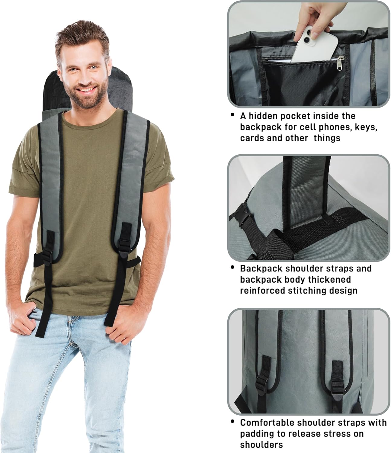 Caroeas Mochila de lavandería de 125 litros, bolsas de lavandería extra grandes con correas para el hombro, mochila duradera con 4 bolsillos, bolsa