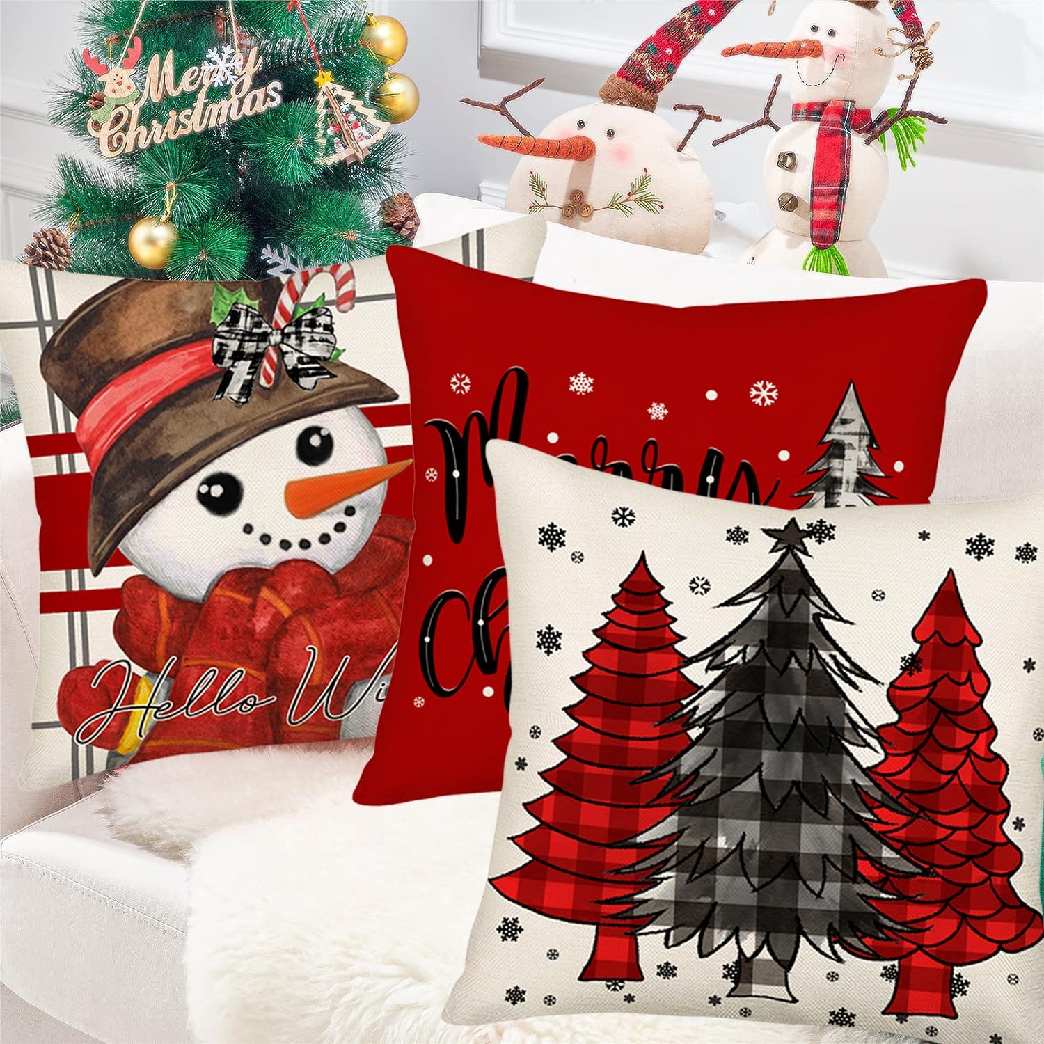 Juego de 4 fundas de almohada con diseño de árbol de Navidad, muñeco de nieve de 22 x 22 pulgadas, color rojo y blanco, decoración de Navidad,