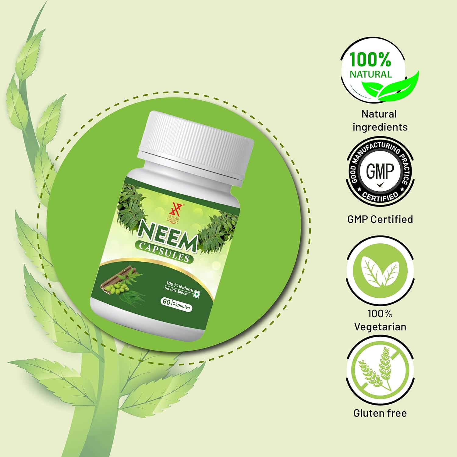 Neem Capsule  Purificador de sangre totalmente natural, piel y cabello saludables, 100% orgánico y seguro