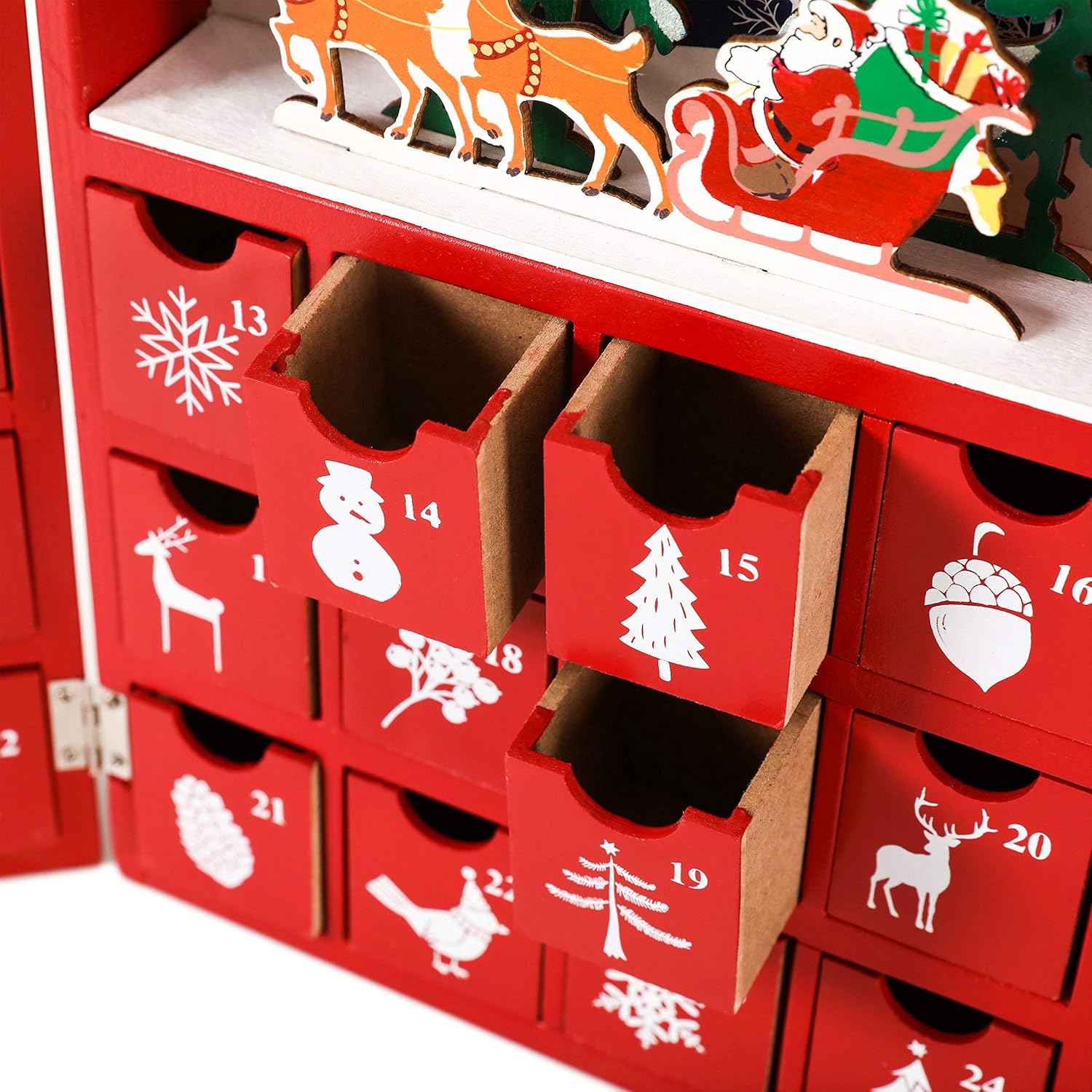 Calendario de Adviento de madera reutilizable para rellenar, libro de Navidad rojo con 24 puertas, calendario de Navidad de 8.27 x 3.54 x 11.81