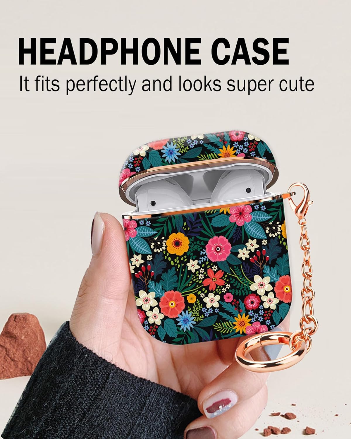 Funda para Airpod 1 y 2 de 2 generación, funda protectora a prueba de golpes con llavero de oro rosa para niñas, mujeres y hombres (flores y hojas