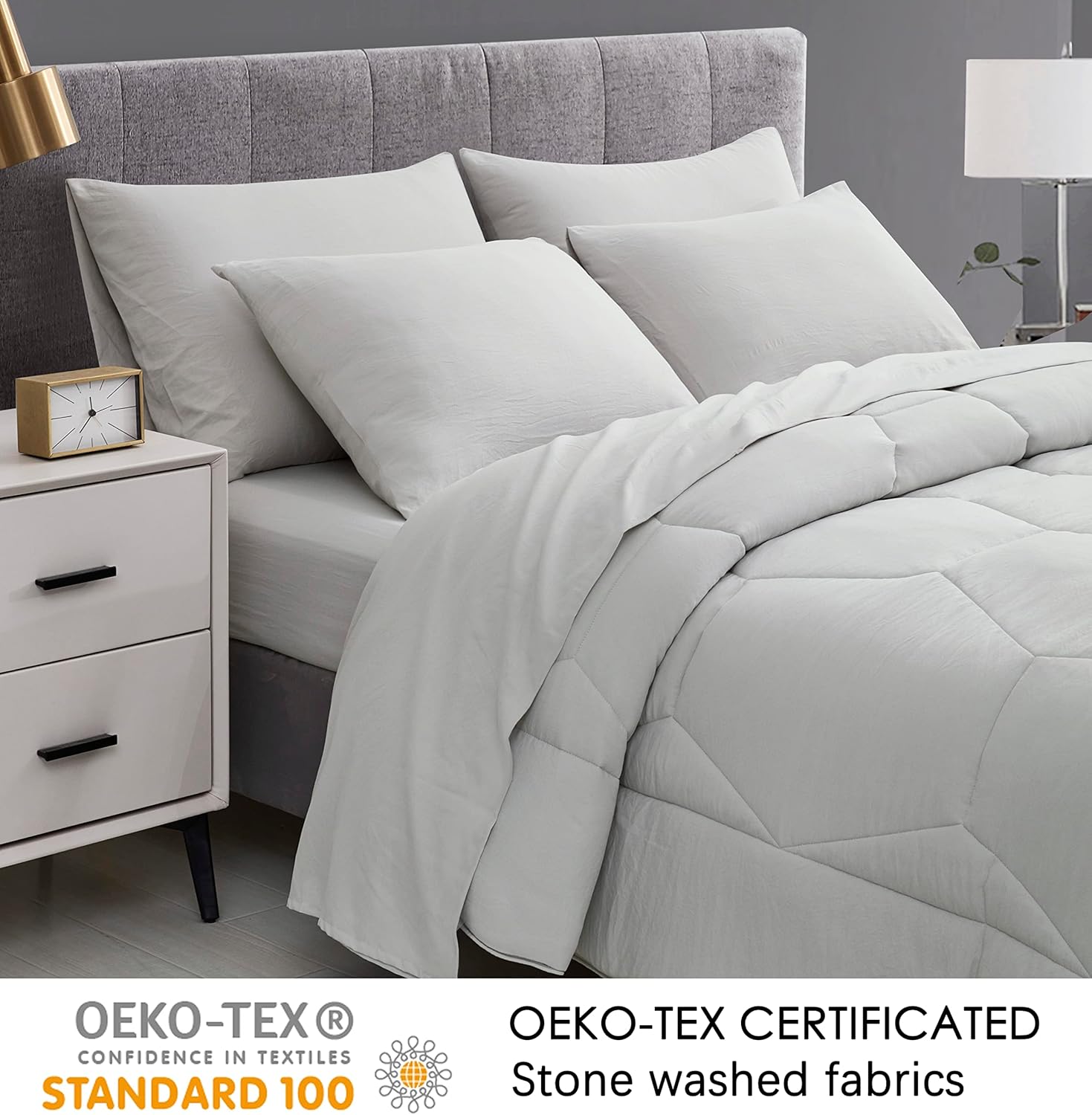 Chezmoi Collection Vero – Juego de edredón de microfibra acolchada de panal de abeja de 3 piezas, ropa de cama hexagonal geométrica ligera lavada