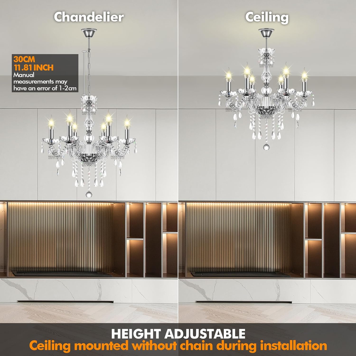 Ridgeyard 10 Luces Modernas Lujosas K9 Cristal Candelabro Lámpara Colgante Lámpara de Techo Salón Iluminación para Comedor Salón Dormitorio Entrada