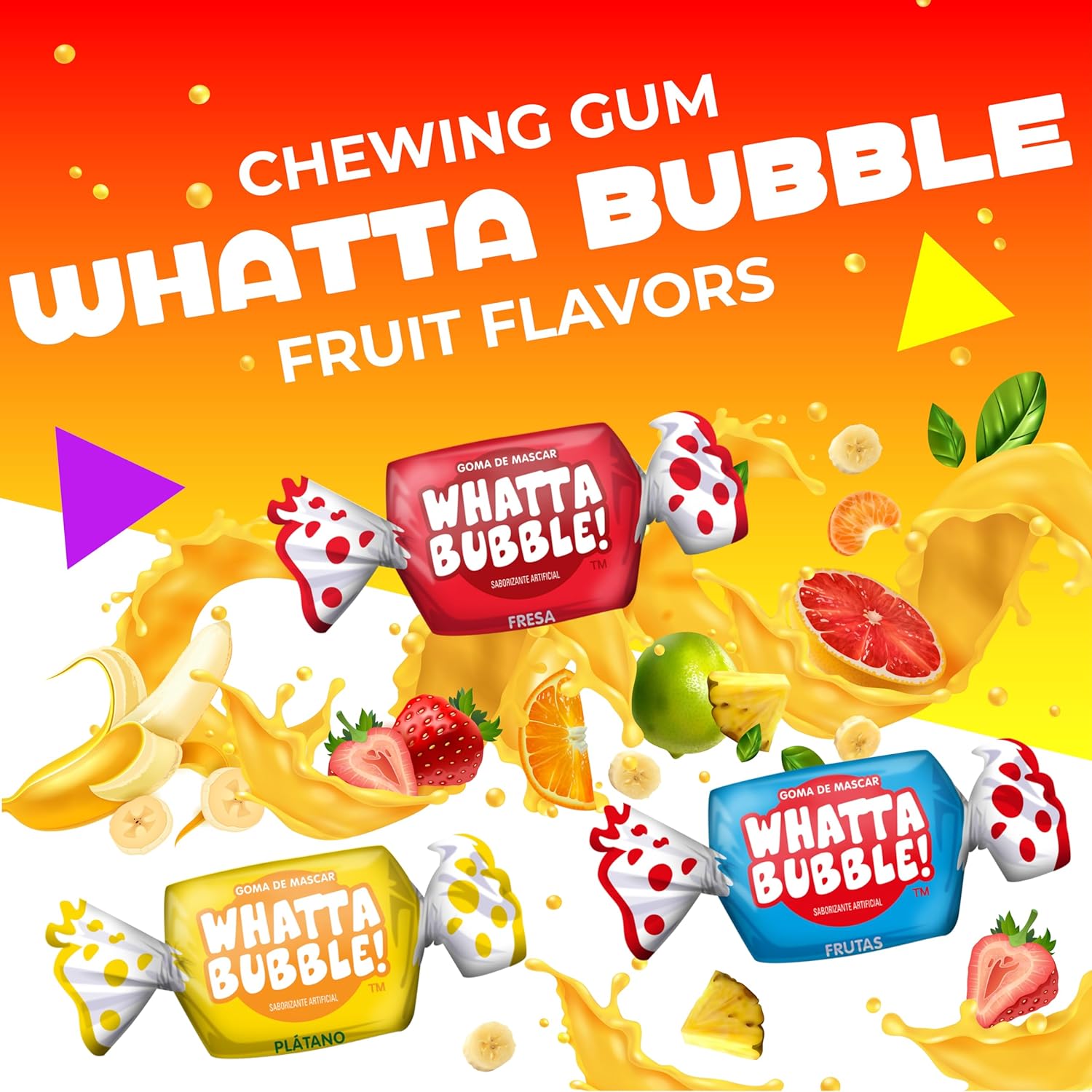 Whatta Bubble – Chicle con sabores surtidos de frutas (bolsa de 1 libra, aproximadamente 110 unidades)