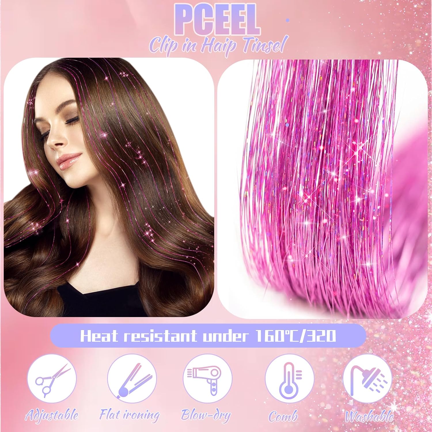 Kit de oropel de cabello con clip, 12 piezas, extensiones de cabello de 20 pulgadas, resistente al calor, kit de oropel de cabello de hada con