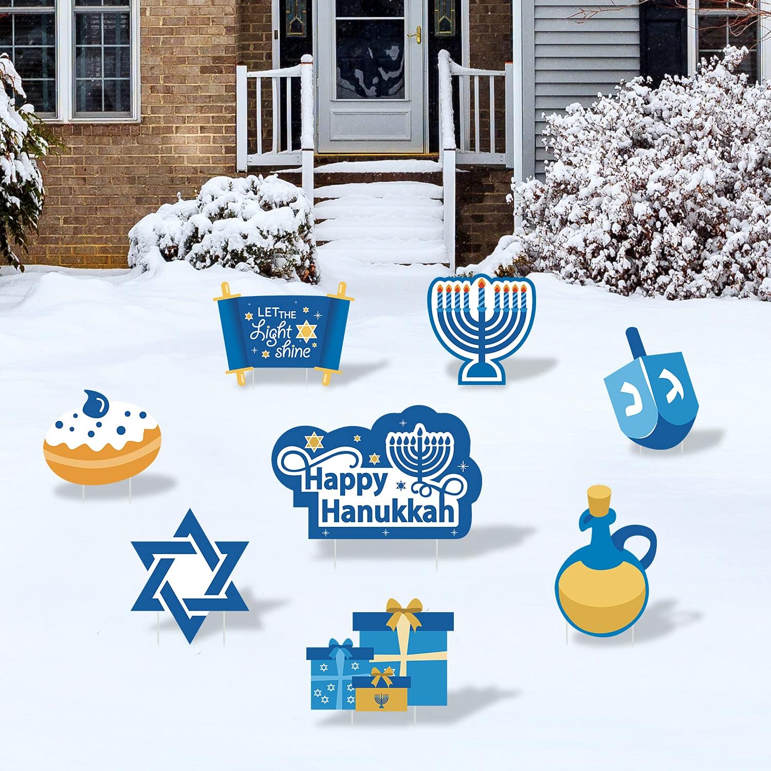 Letreros de Hanukkah con estacas Happy Hanukkah, decoraciones de patio de vacaciones de invierno, decoración de césped al aire libre, decoración de