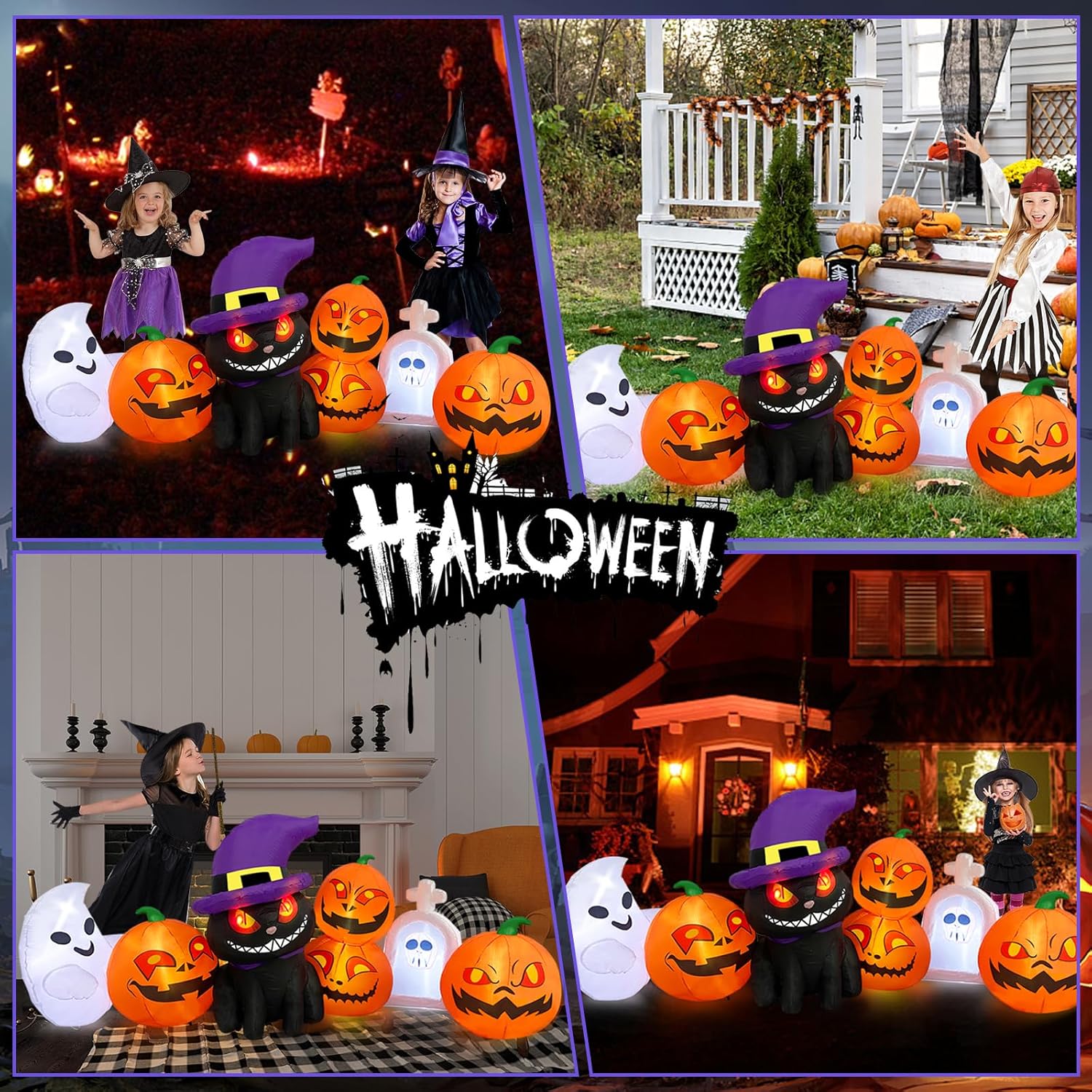 MICOCAH Inflables de Halloween de 8 pies de largo para decoración al aire libre, faroles inflables de gato y calabaza con lápida, fantasma,
