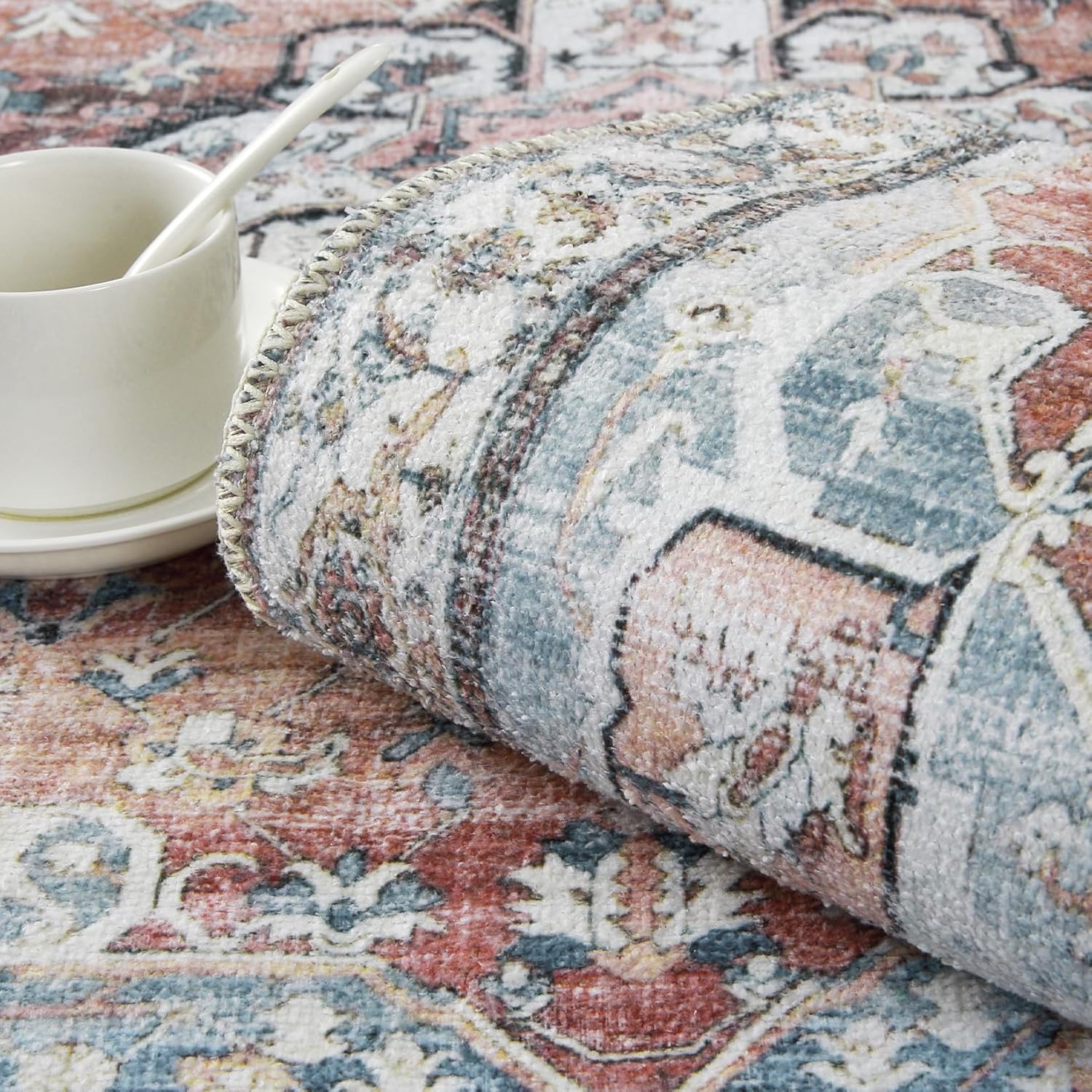 Alfombra vintage de 4 x 6 con estampado floral oriental para sala de estar, dormitorio, lavable a máquina, alfombra de pelo bajo, antideslizante y