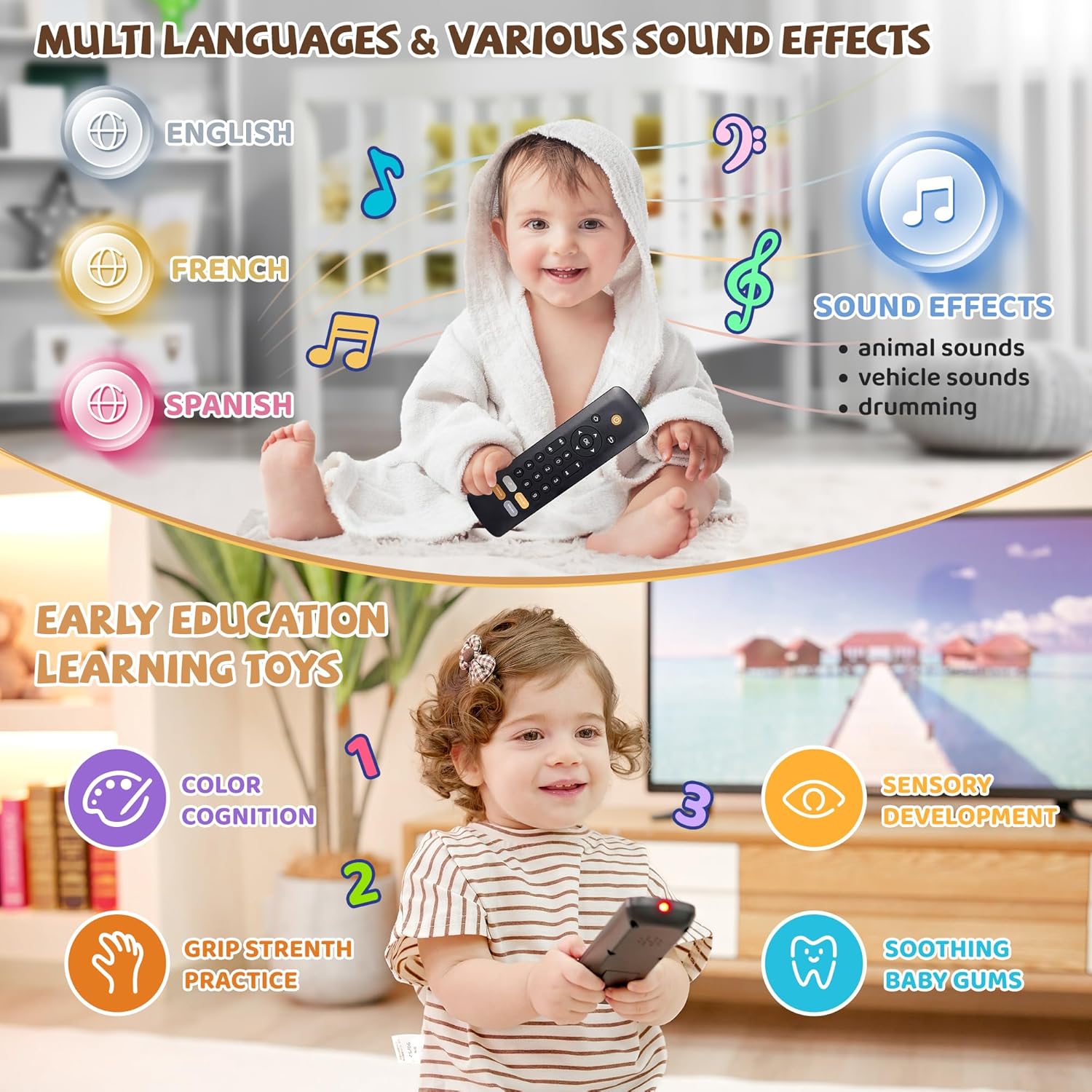 Juguete remoto para televisión para bebés, juguetes de aprendizaje temprano, juguetes musicales para bebés, juguetes para niños pequeños con juego