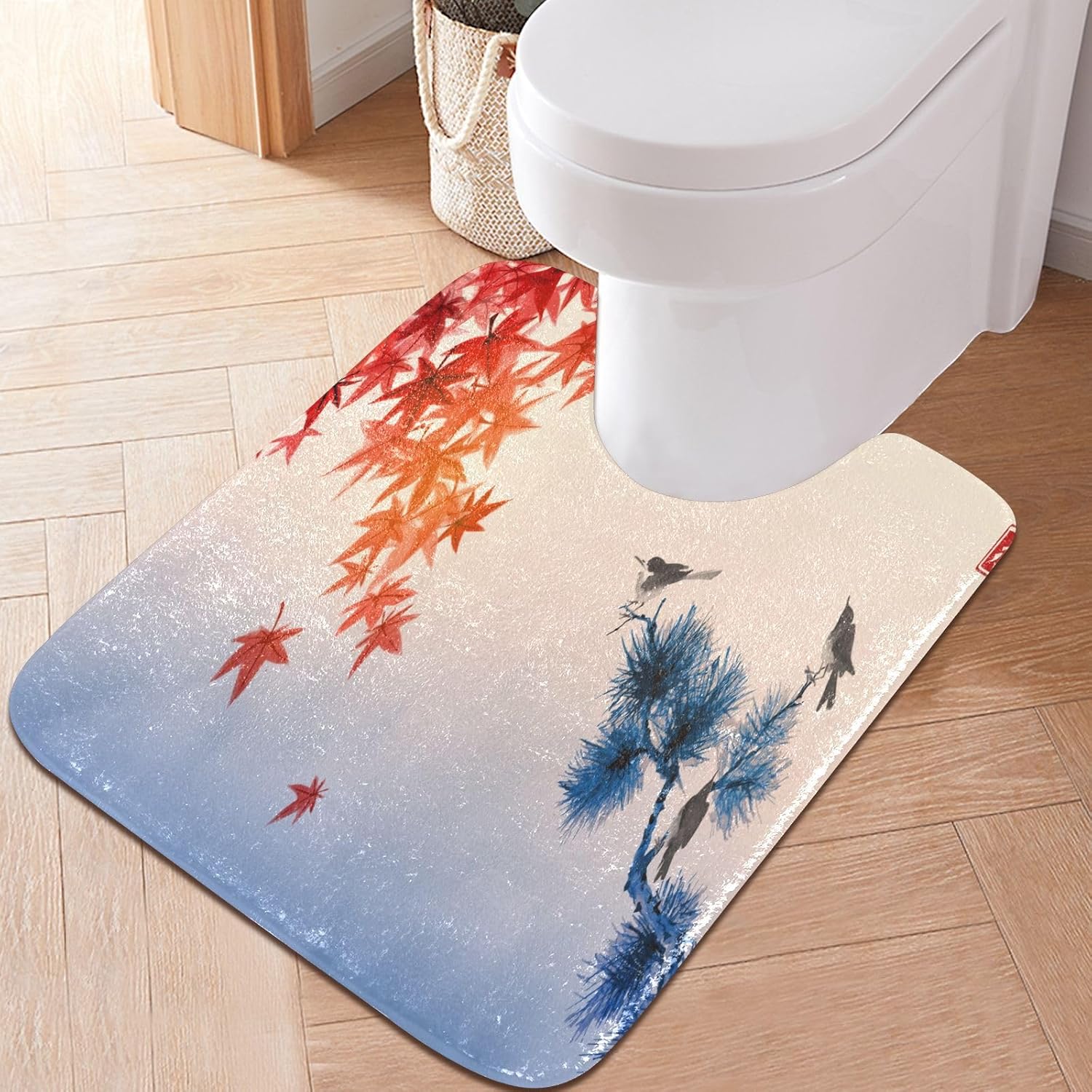 Bathroom Rugs Sets 2 Piece 24×16+24×20 Inch,Soft U-Shaped Contour Toilet Rug Red Maple Leaves Bird Non-Slip Absorbent Bath Floor Mat Carpet Set
