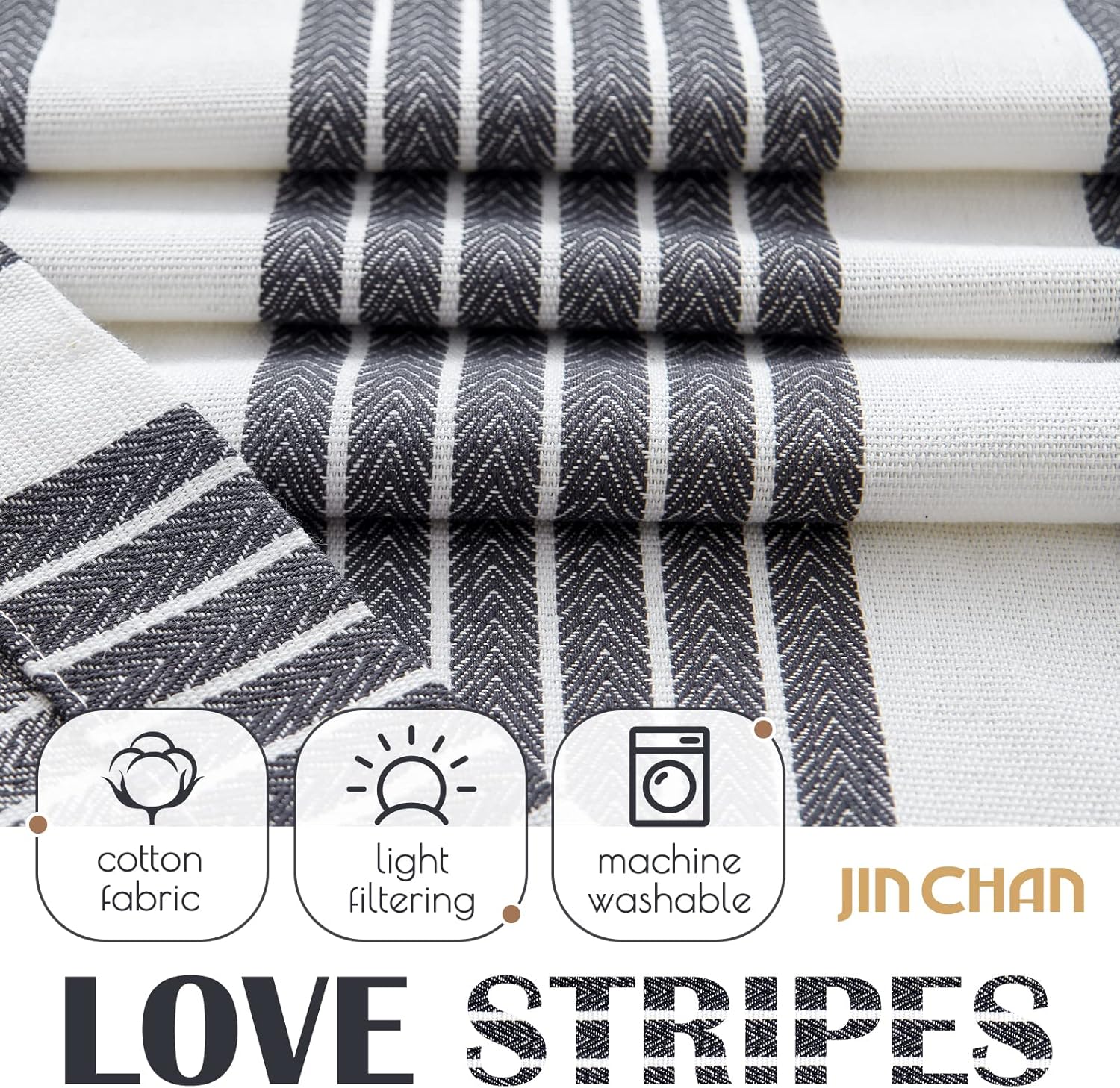 jinchan Cortinas a rayas de 96 pulgadas de largo para sala de estar, patrón blanco y negro, bolsillo para barra, pestaña trasera, cortinas