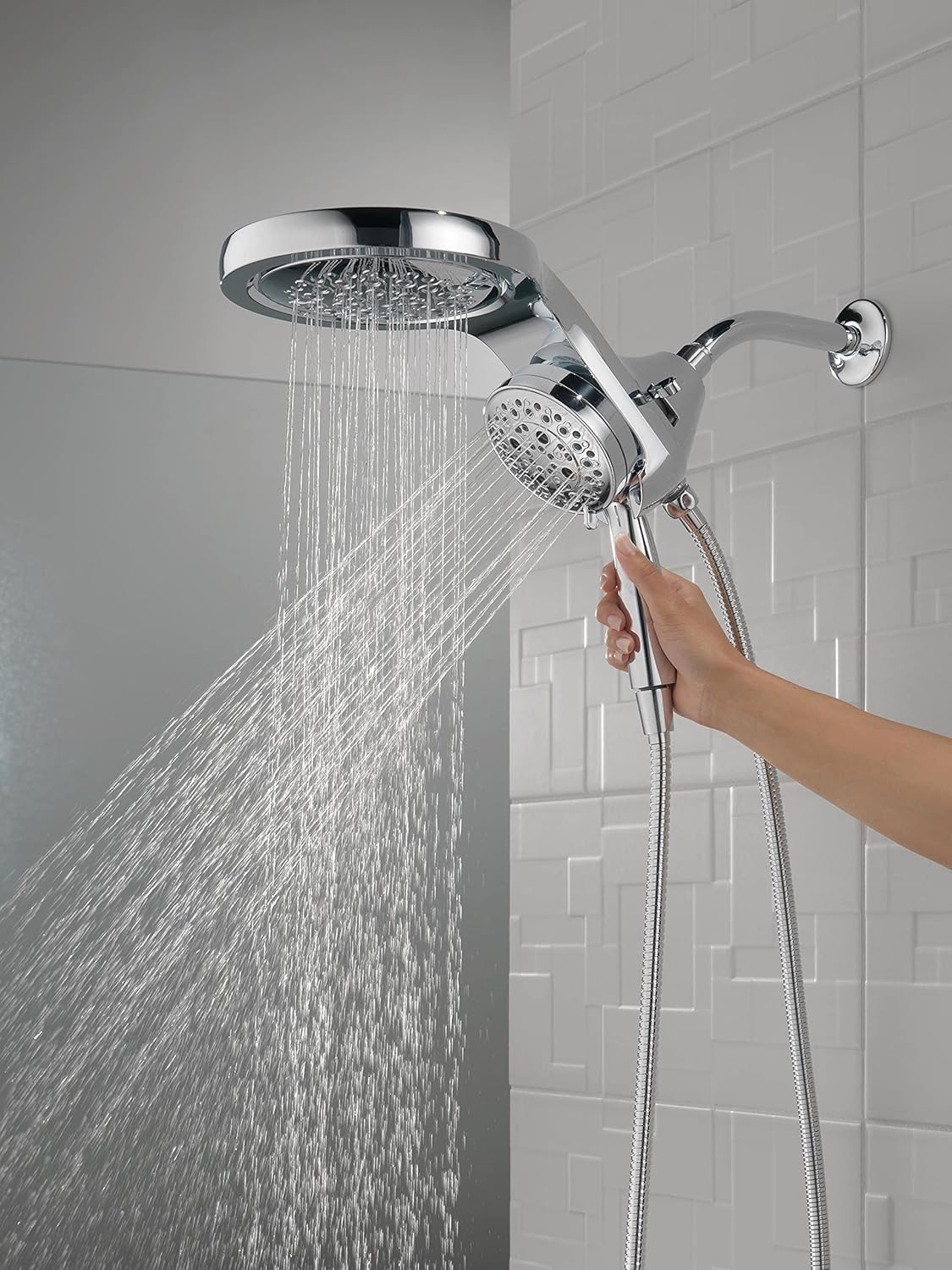 Delta Faucet HydroRain H2Okinetic 58680-PR – Regadera doble de 5 pulverizaciones con rociador de mano y manguera, regaderas de mano, regadera