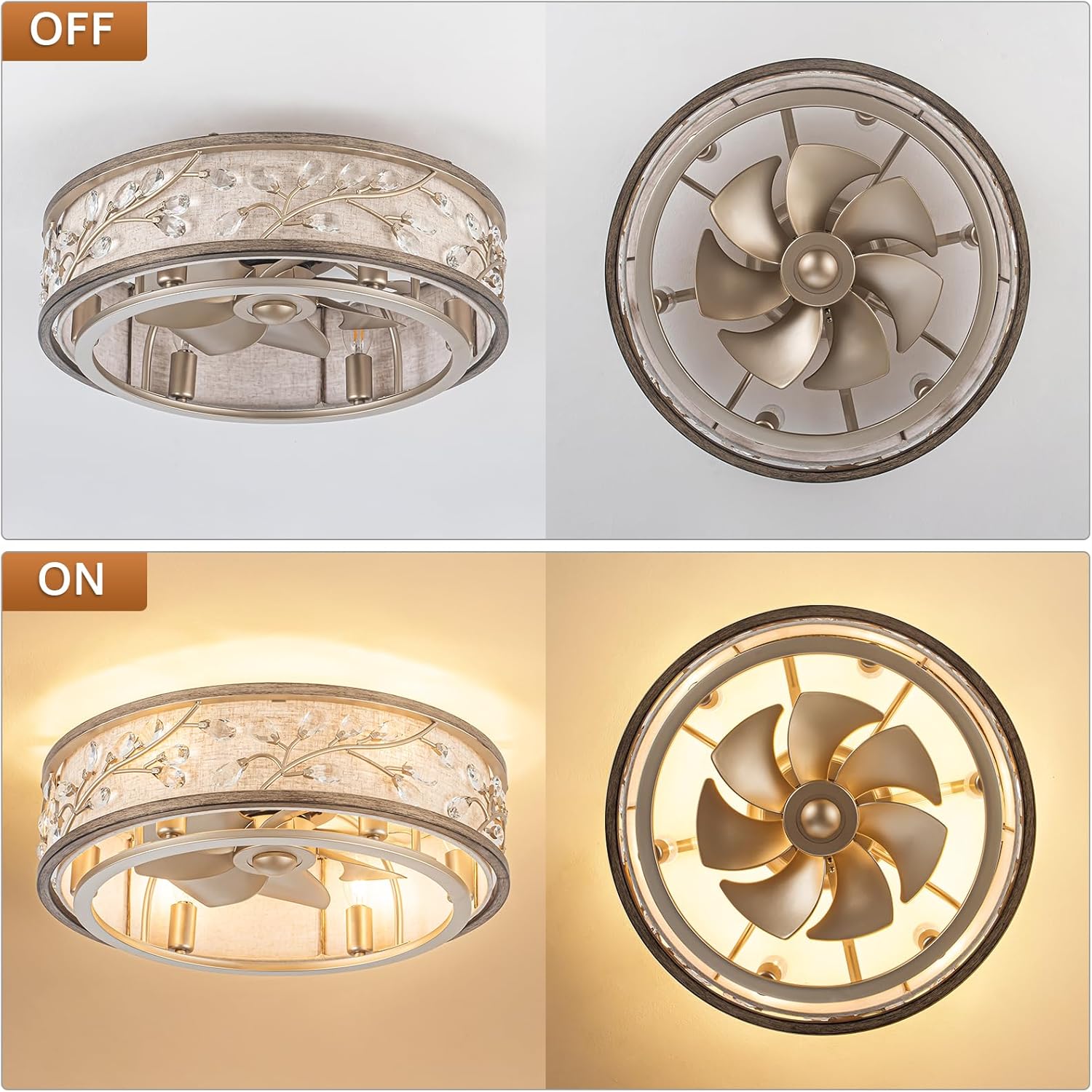 WWM Ventilador de techo enjaulado de montaje empotrado con luz y control remoto, ventiladores de techo de perfil bajo de cristal de 20 pulgadas con