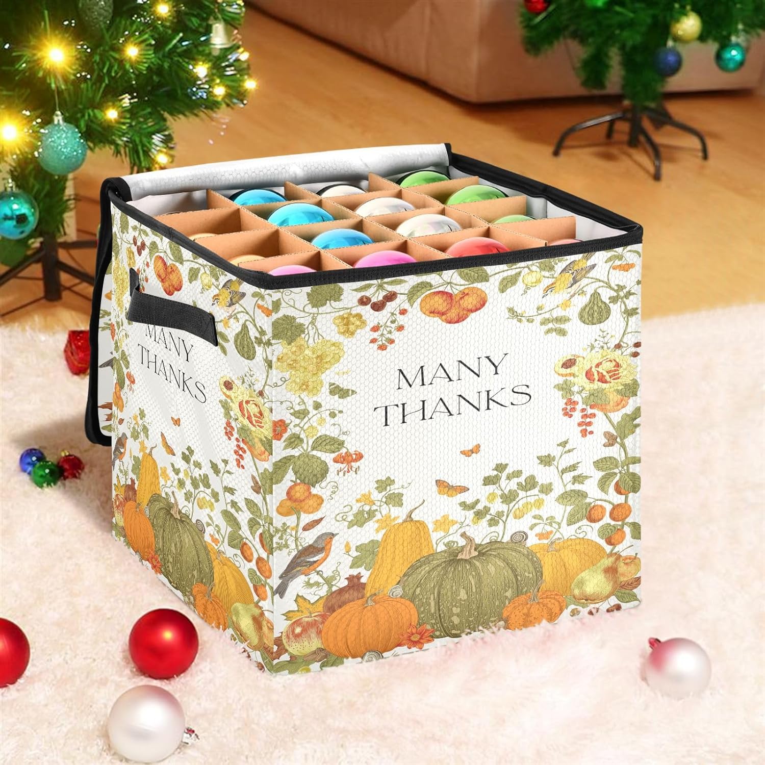 Caja de almacenamiento de adornos de Navidad de hoja de calabaza de Acción de Gracias, 64 adornos navideños con divisores, 4 bandejas para