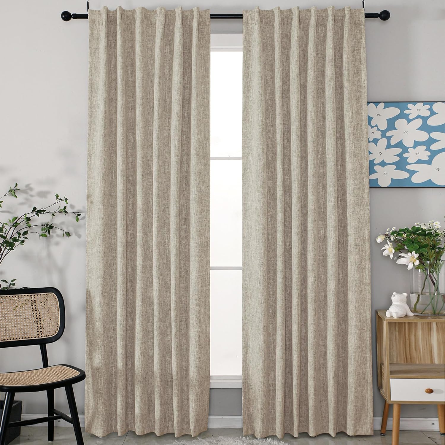 INLINAS Cortinas opacas con textura de nudos de bambú de lino de 52 x 84 pulgadas, 100% bloqueo de luz, tela de triple capa beige con ruido, pestaña