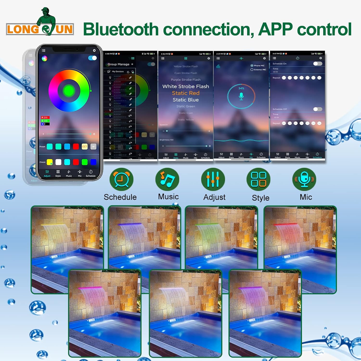 Longrun Tira de luces LED que cambian de color para jardín, cascada, control por aplicación, barra de iluminación impermeable para decoración del