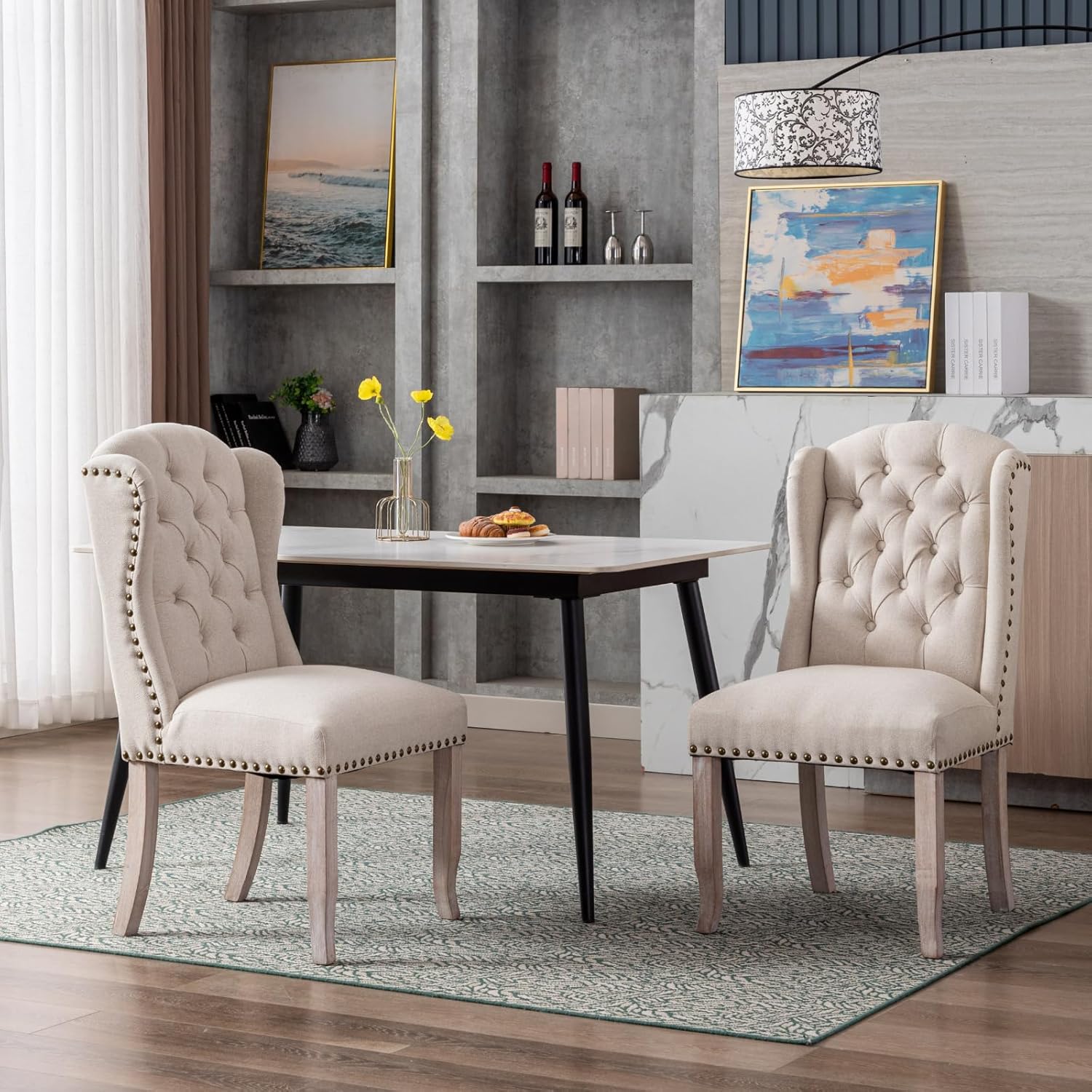 HEAH-YO Juego de 2 sillas de comedor modernas, sillas de cocina tapizadas con patas de madera y clavos de cobre, sillas copetudas sin brazos para
