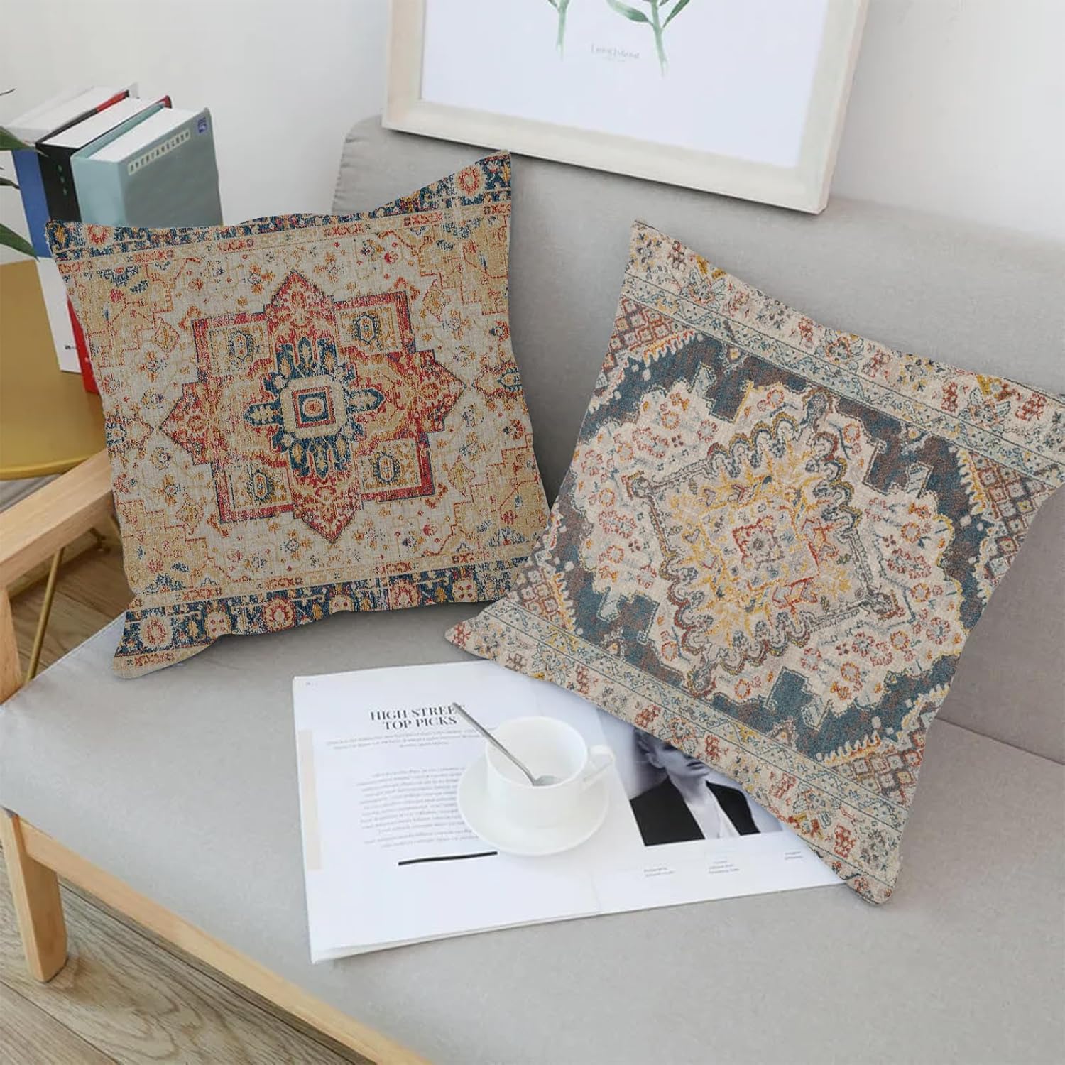 Juego de 2 fundas de almohada bohemias de 18 x 18 pulgadas, diseño étnico de lino, alfombra persa, patrón tribal, fundas decorativas para sala de
