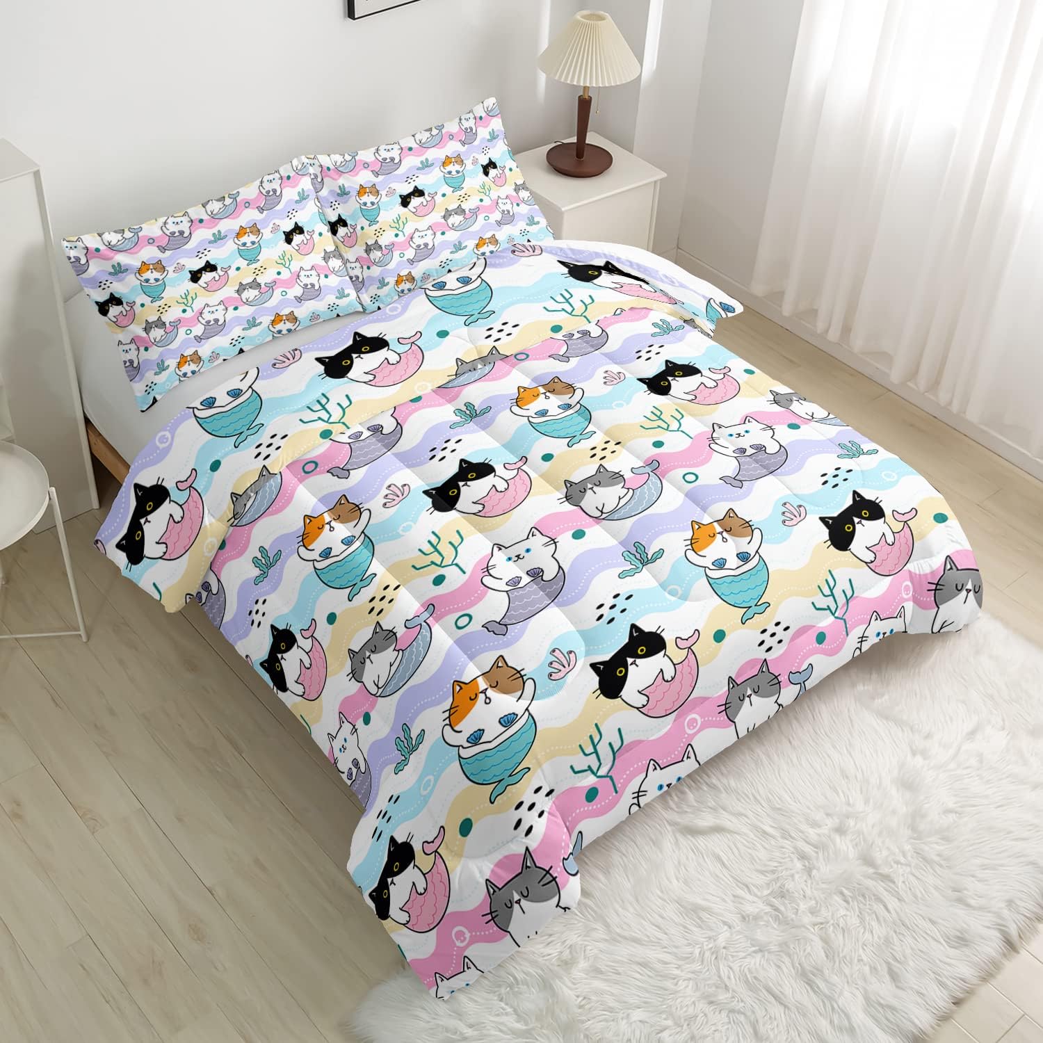 CVHOUSE Juego de edredón Kawaii de gato, tamaño individual, juego de ropa de cama Kawaii de dibujos animados para niños, lindo juego de edredón de
