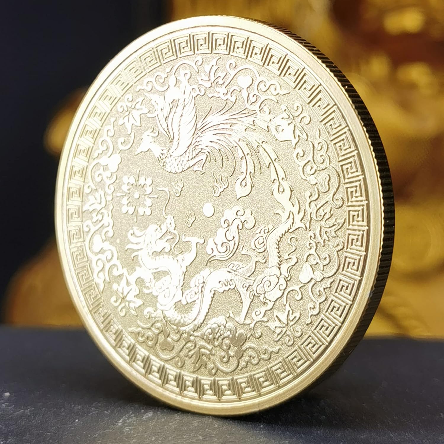 Colorido dragón chino y fénix moneda de la suerte – Rascador de boletos de lotería – Atrae buena fortuna – Moneda de desafío de buena suerte