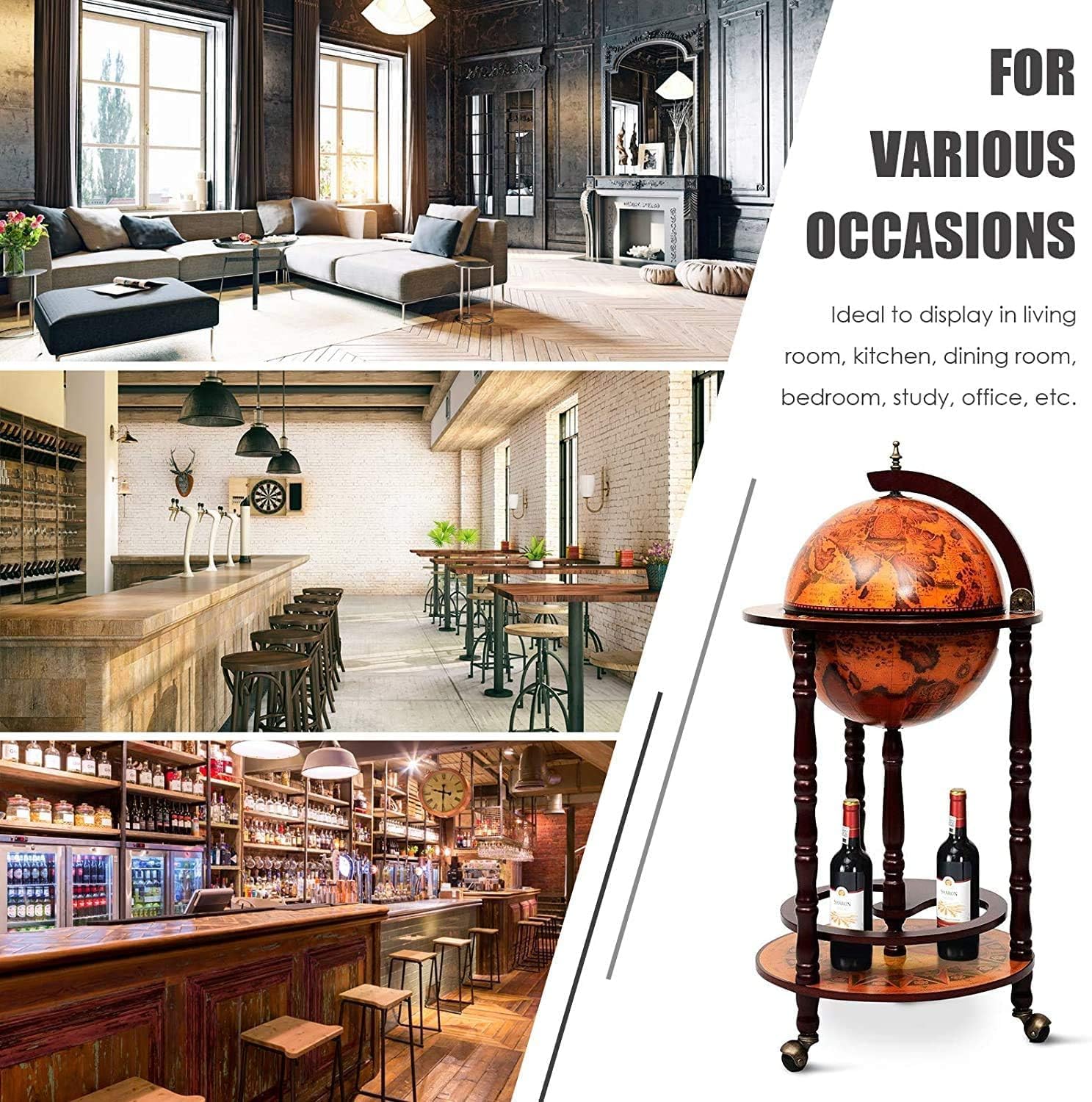 GOFLAME Wood Globe – Soporte para bar de vinos, estante italiano del siglo XVI, estante para botella de licor, gabinete de barra de globo con
