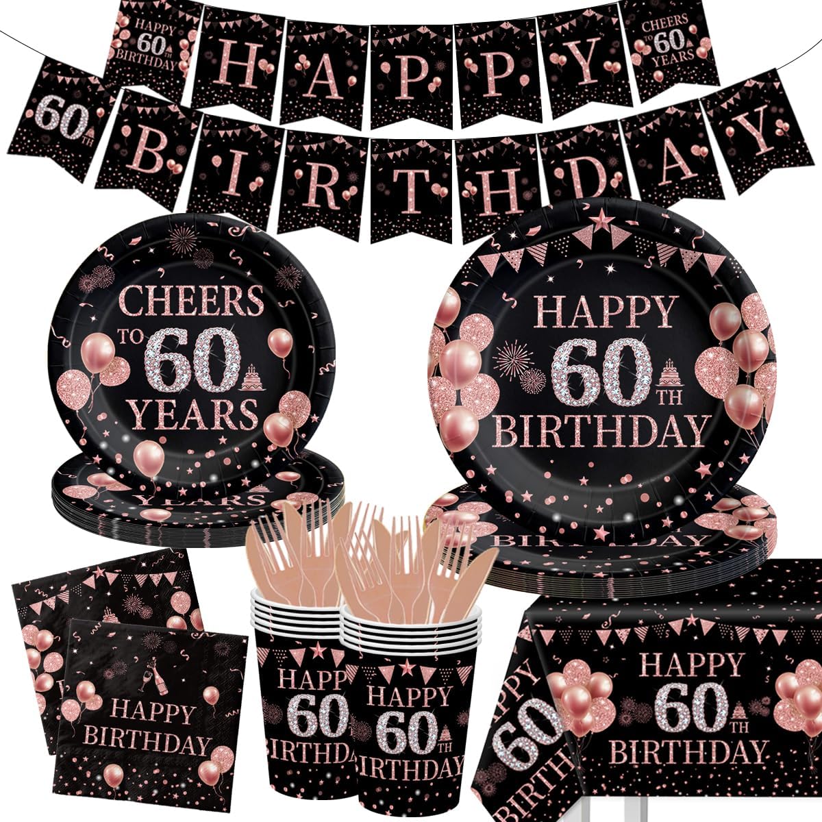 Juego de 142 platos y servilletas desechables de oro rosa para cumpleaños n. 60, para 20 invitados