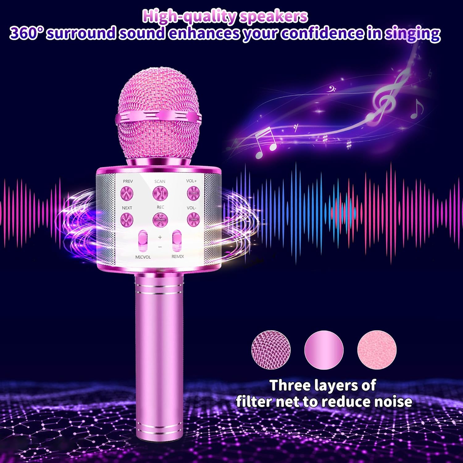 Micrófono de karaoke para niños, micrófono inalámbrico Bluetooth 5 en 1, micrófono de karaoke portátil de mano con altavoz, grabadora de juguetes