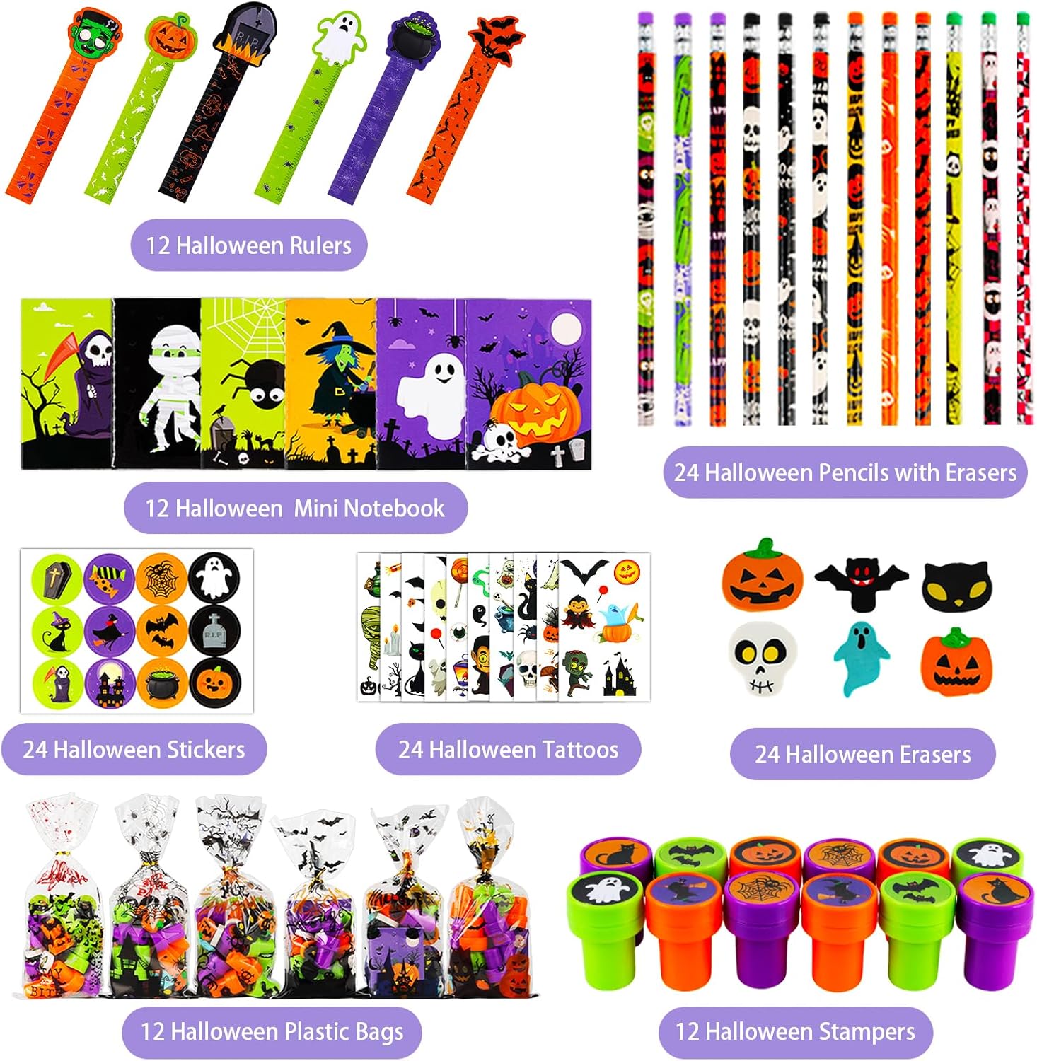 Juego de papelería de Halloween para niños, 144 piezas de regalos de fiesta de dulce o truco, regalos para niños, suministros de fiesta escolar,